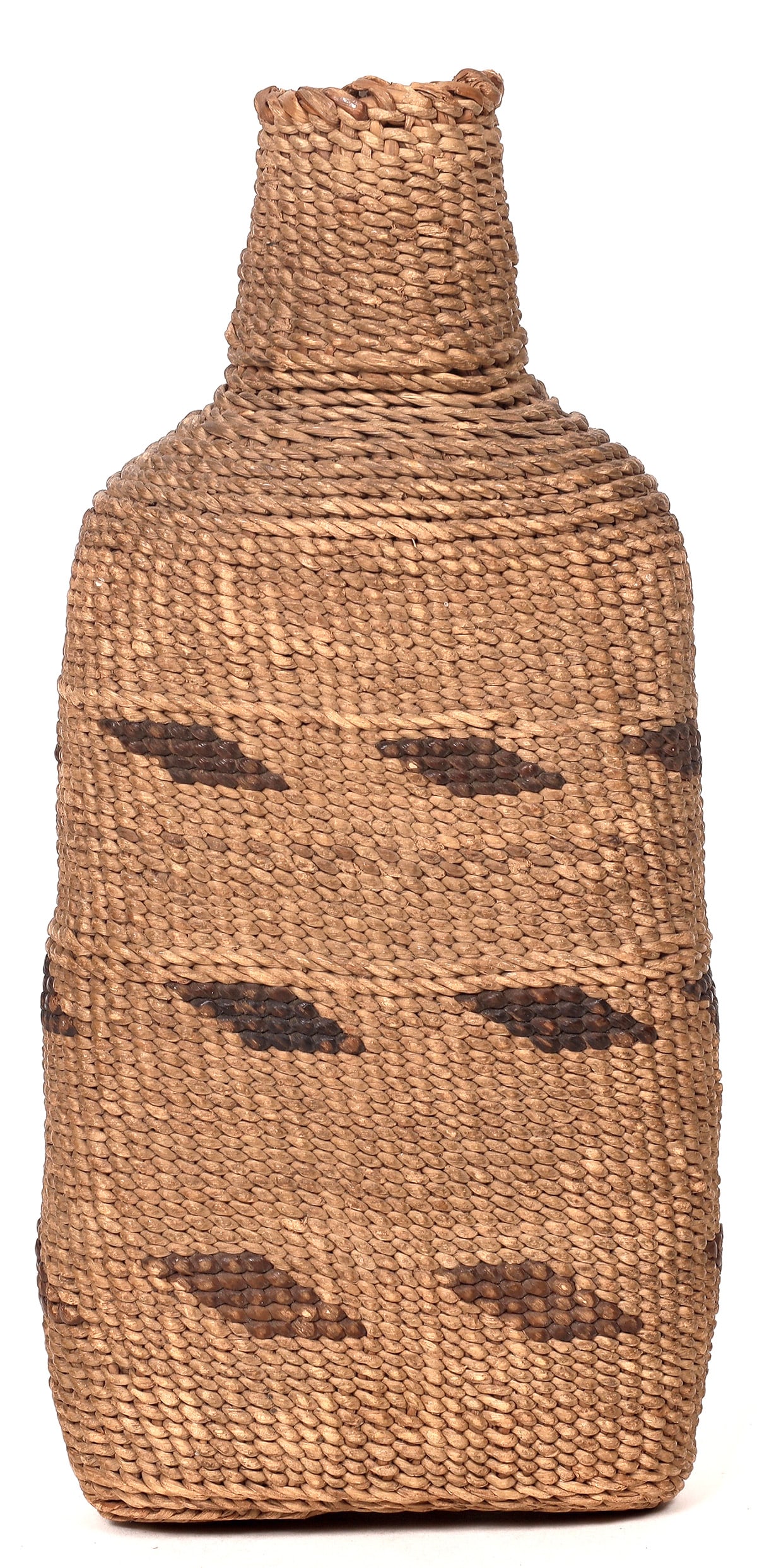 Pint Bottle Wrapped with Brown Weave [178283]: Southern California Desert Region, Clear pint bottle wrapped with a brown weave and diamond pattern. 7.75". Weave in nice condition. From the Holabird family collection. Aquired aout 1930 from Native 