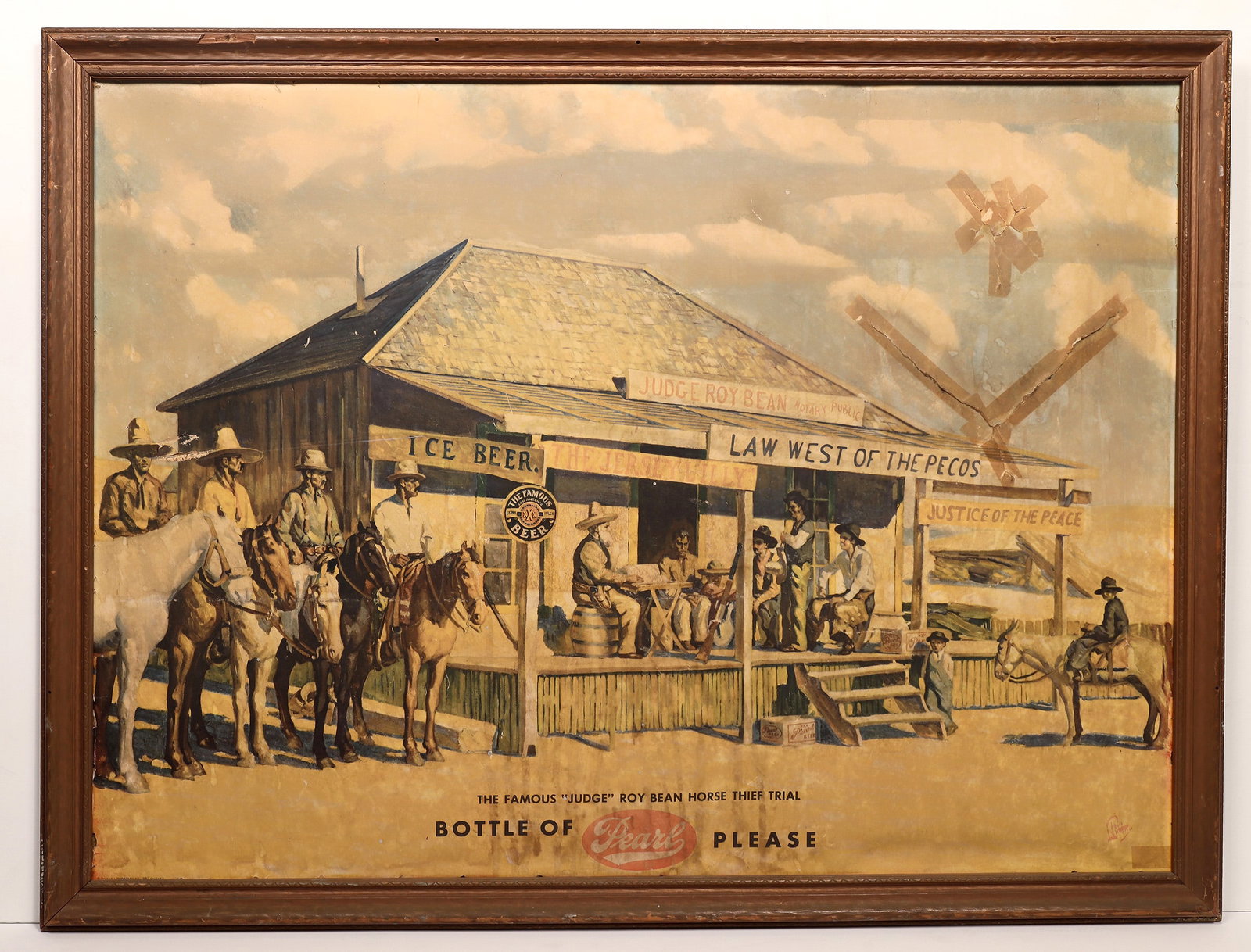 Pearl Beer Judge Roy Bean Paper Advertising Sign in Frame [179177]: Paper advertising sign in frame. Pearl Beer, The Famous "Judge" Roy Bean Horse Thief Trial. The building has a top sign for Judge Roy Bean, Notary Public. Frame 30x39". Print has right side damage wit