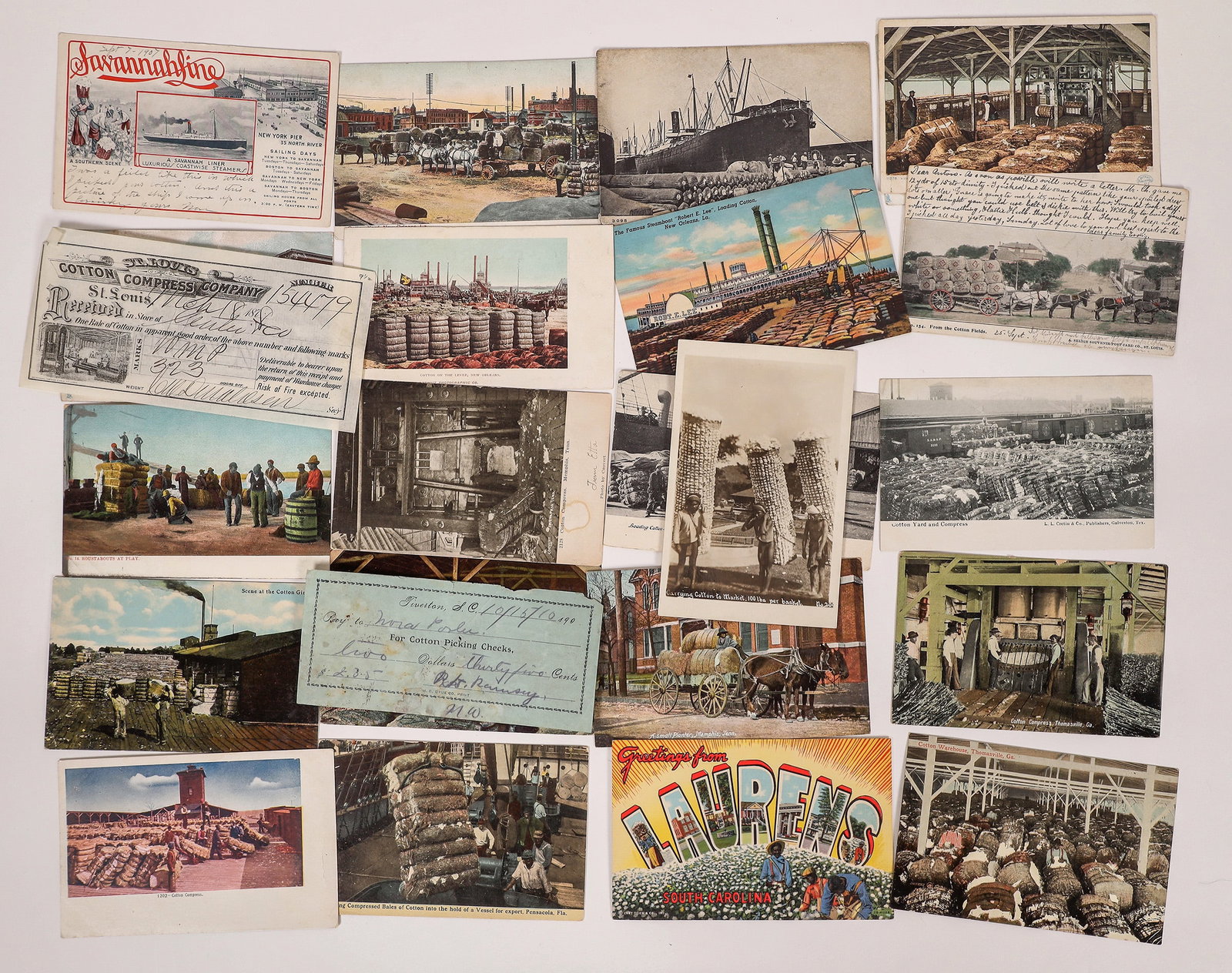 Black American Postcards and Ephemera, 20 [179054]: About 20 pieces of Black American ephemera, mostly cotton postcards and a cotton picking check and cotton receipt. See photo.