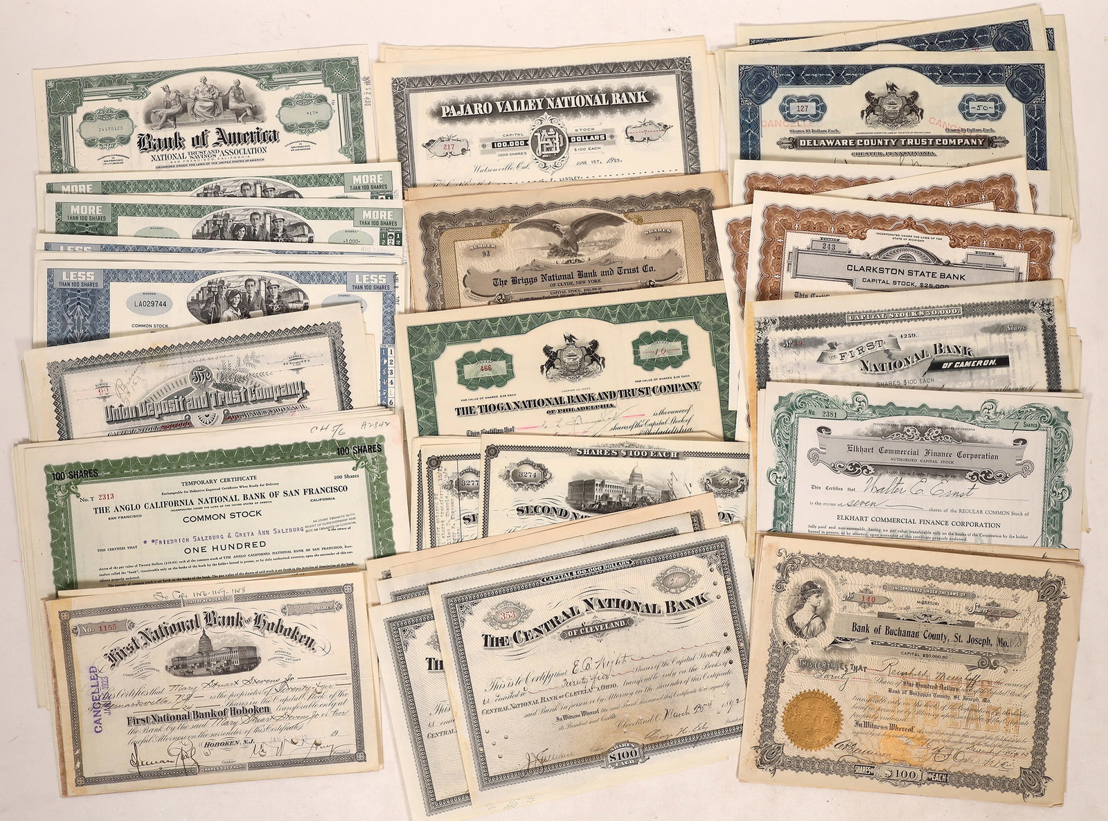 Banks - American Bank Stocks (@75) [177344]: A lot of approximately 75 American bank stock certificates, 15 different with 5 each, c1892-1974. See photo(s) for more details. Ken Prag Collection