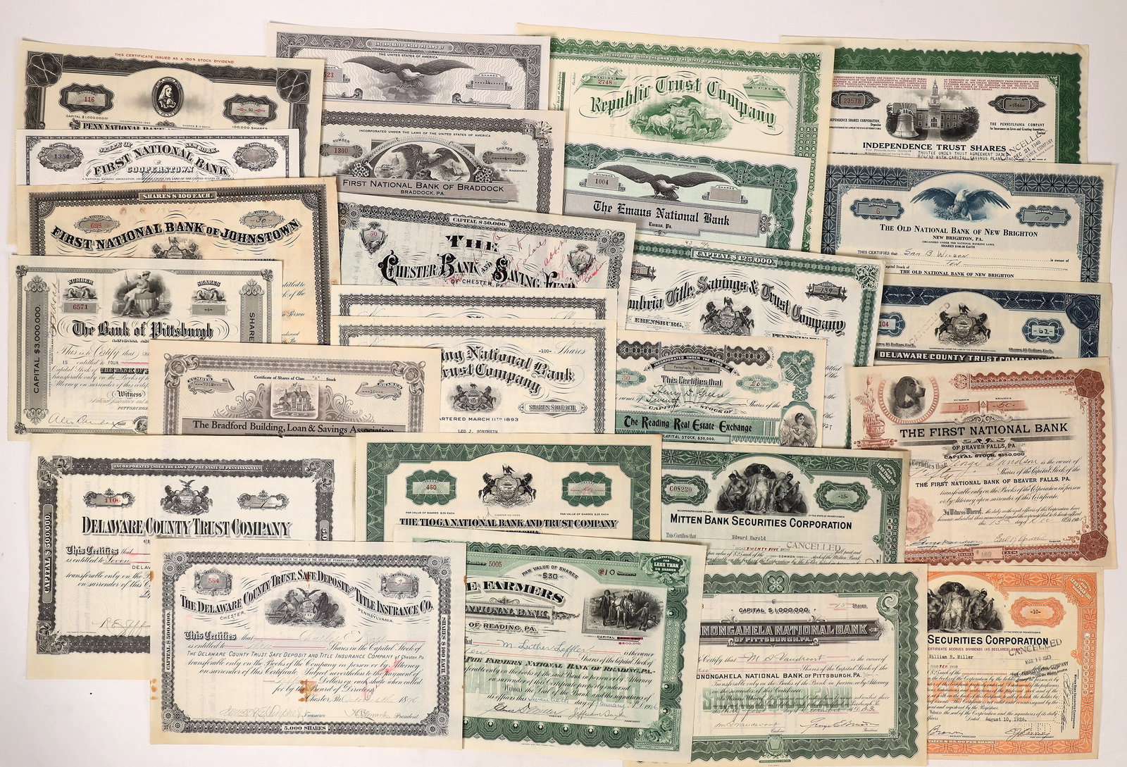 Banks - Pennsylvania Stock Collection (25) [177342]: A collection of 25 different stock certificates related to banks in the State of Pennsylvania, c1886-1951. See photo(s) for more details. Ken Prag Collection