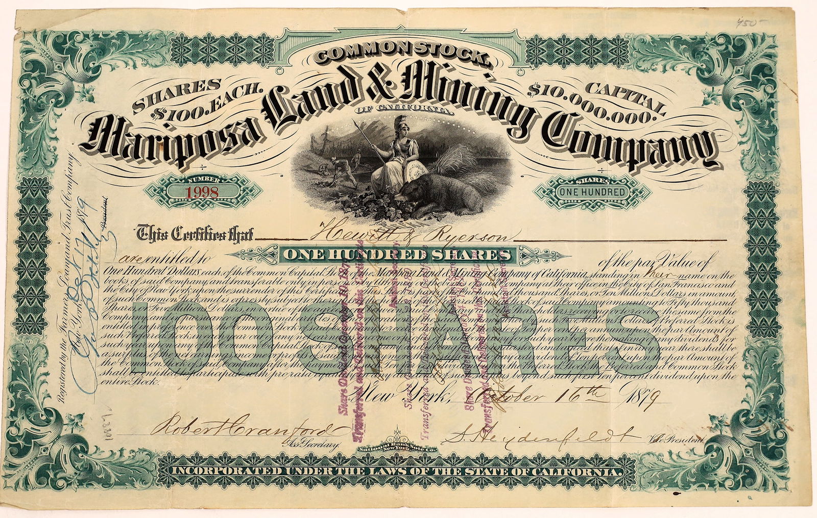 Mariposa Land & Mining Company Stock  1879 [123670] (1 of 1)