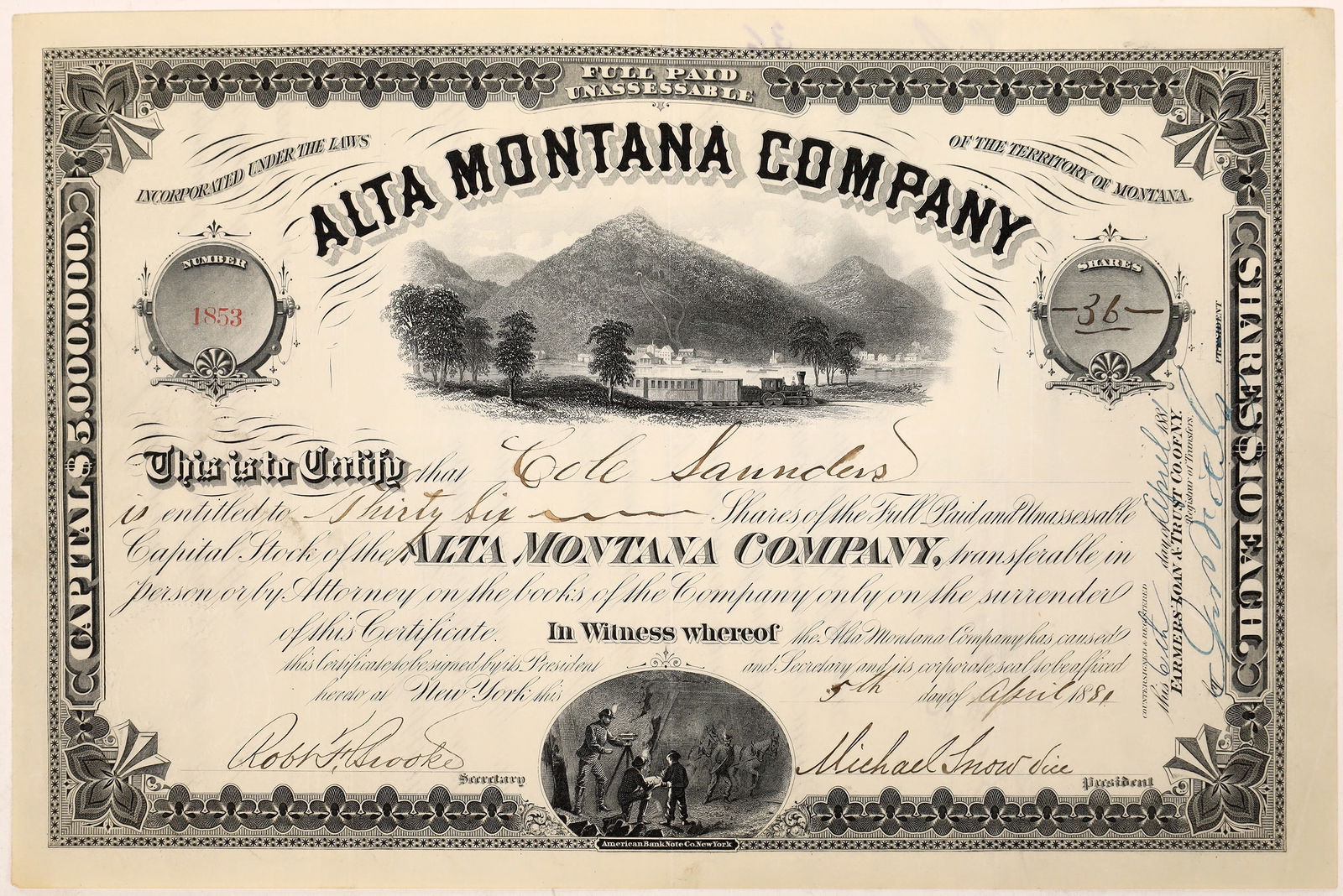 Alta Montana Company Stock Certificate 1881 [128116]: Issued Cole Sanders, 36 shares at $10 per by Alta Montana Company. Signed by Robert Brookes, secretary and Michael Snow, vice president. Vignette shows locomotive steaming by a large mountain, while a