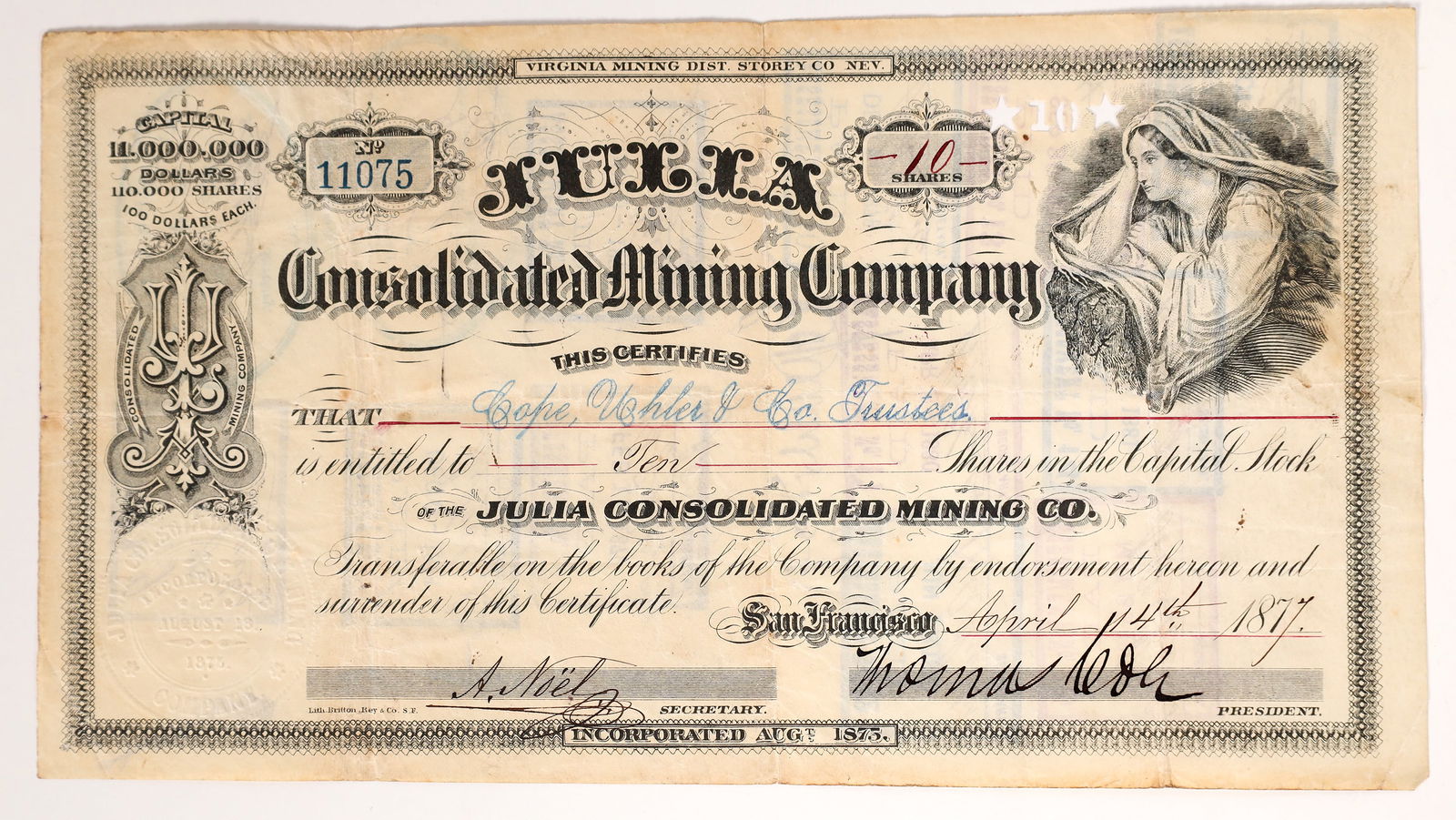 Julia Cons. Mining Stock [173286]: Issued 1877 Julia Cons. Mining stock. A key Comstock mine. Signed by secretary A Noel and president Thomas Cole datelined San Francisco 1877. Incorporated August 1875. Contemplative lady vignette. Bri