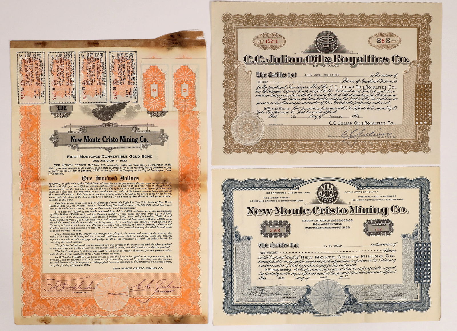 CC Julian Signed Stock Certificate Trio -- Notorious Swindler  1927-31 [165829] (1 of 1)