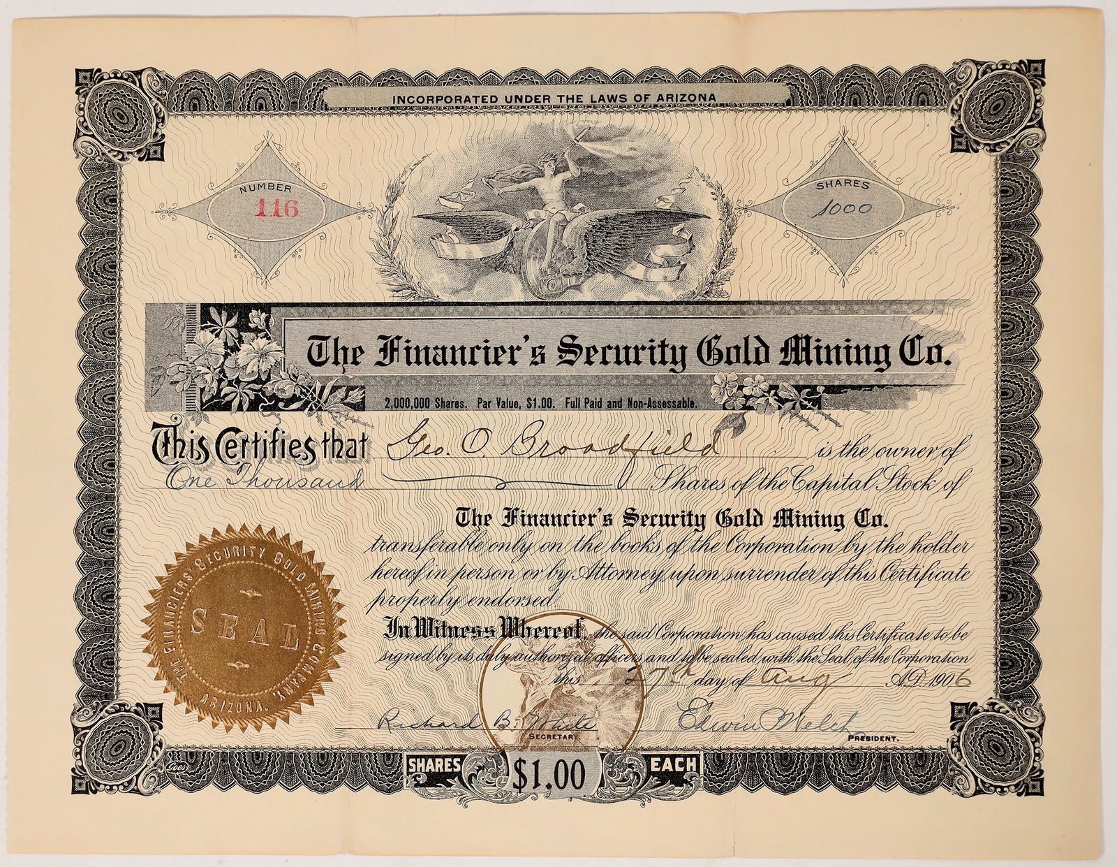 Financier's Security Gold Mining Co. Stock, 1906 [175894] (1 of 1)