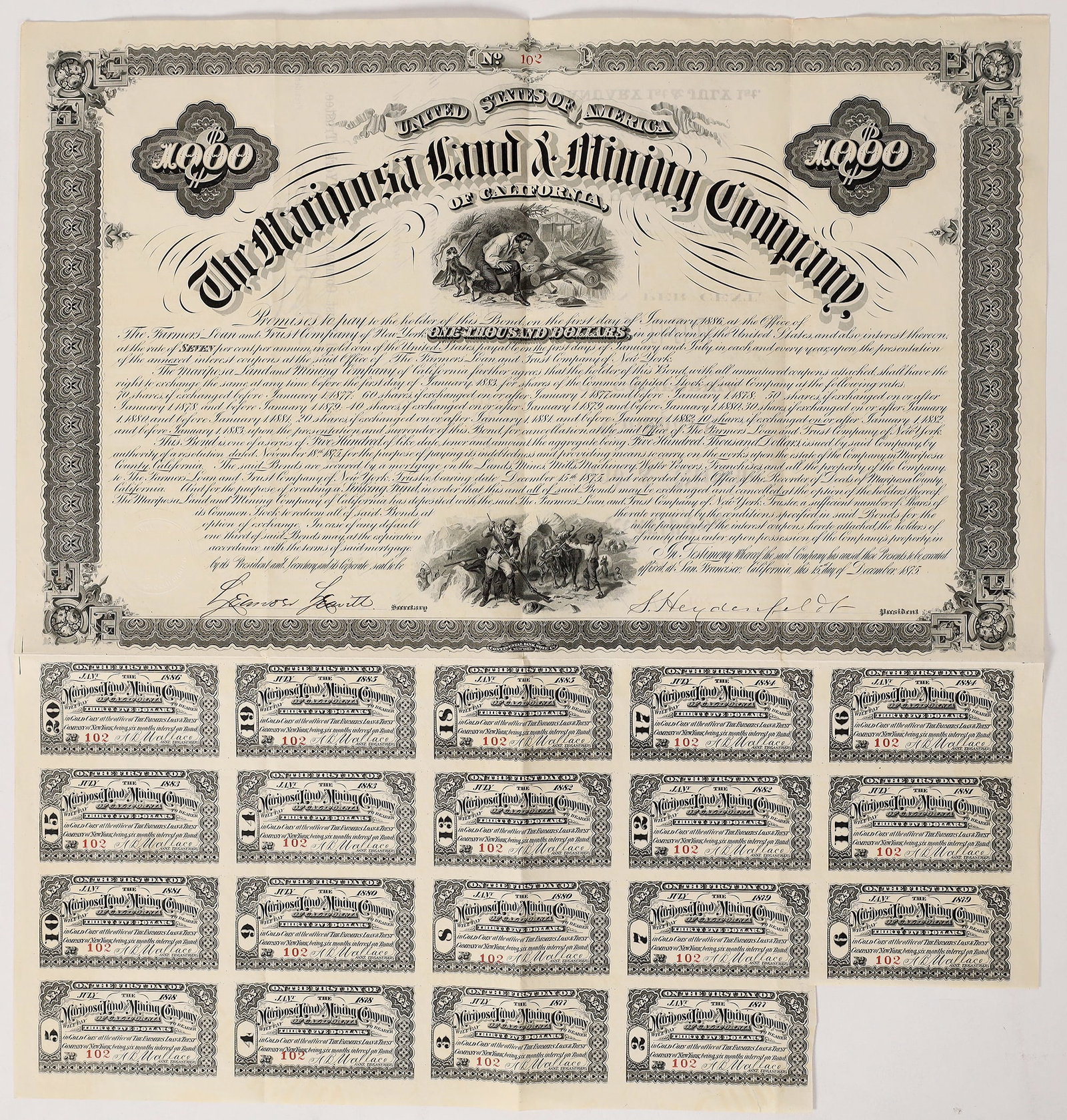 Mariposa Land & Mining Co., 1875, Bond [173461]: Mariposa Land & Mining Company, $1000 Bond - Yielding 7% per Annum; signed by Solomon Heydenfeldt as president and Leonard Leavitt as secretary. Bond no. 102 issued in July 1879 in New York, approved 
