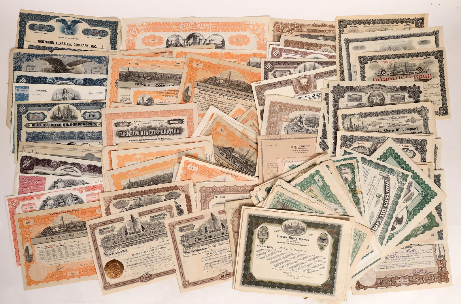 Texas Oil Collection, 120 Different Stocks [177410]: About 120 different Texas oil stocks, c. 1902-71, mostly older. Ranger and Burkburnett, Beatty, Cedar Rapids & Marion, Hoskins, Jess Hickey, Lane, New Tuxpam Star, Louisiana Stephens, Mutual Oil, Unio
