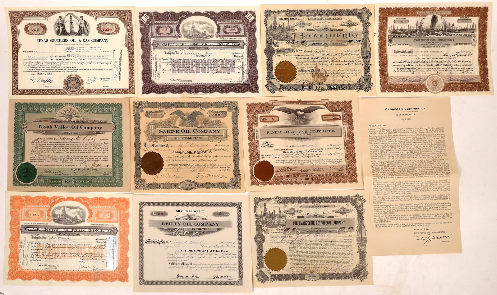 Texas Oil Stocks, 10 [176940]: 10 issued Texas oil stocks. 1971 Caribou, 1923 Evangeline, 1902 Henderson County, 1928 Randall County, 1947 Reilly, 1907 Sabine, 1920 and 1921 Texas Ranger Producing, 1919 Toyah, 1954 Texas Southern. 