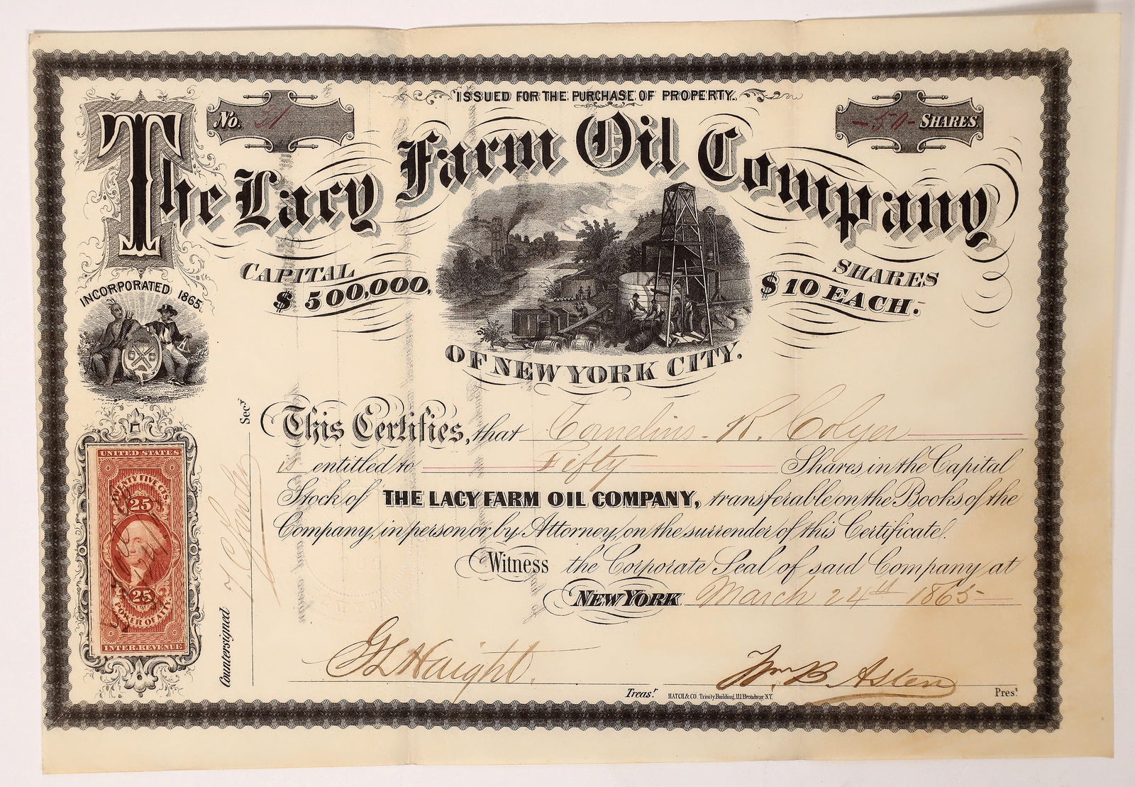 Oil - Lacy Farm NY Stock Cert (1865) [177324] (1 of 1)
