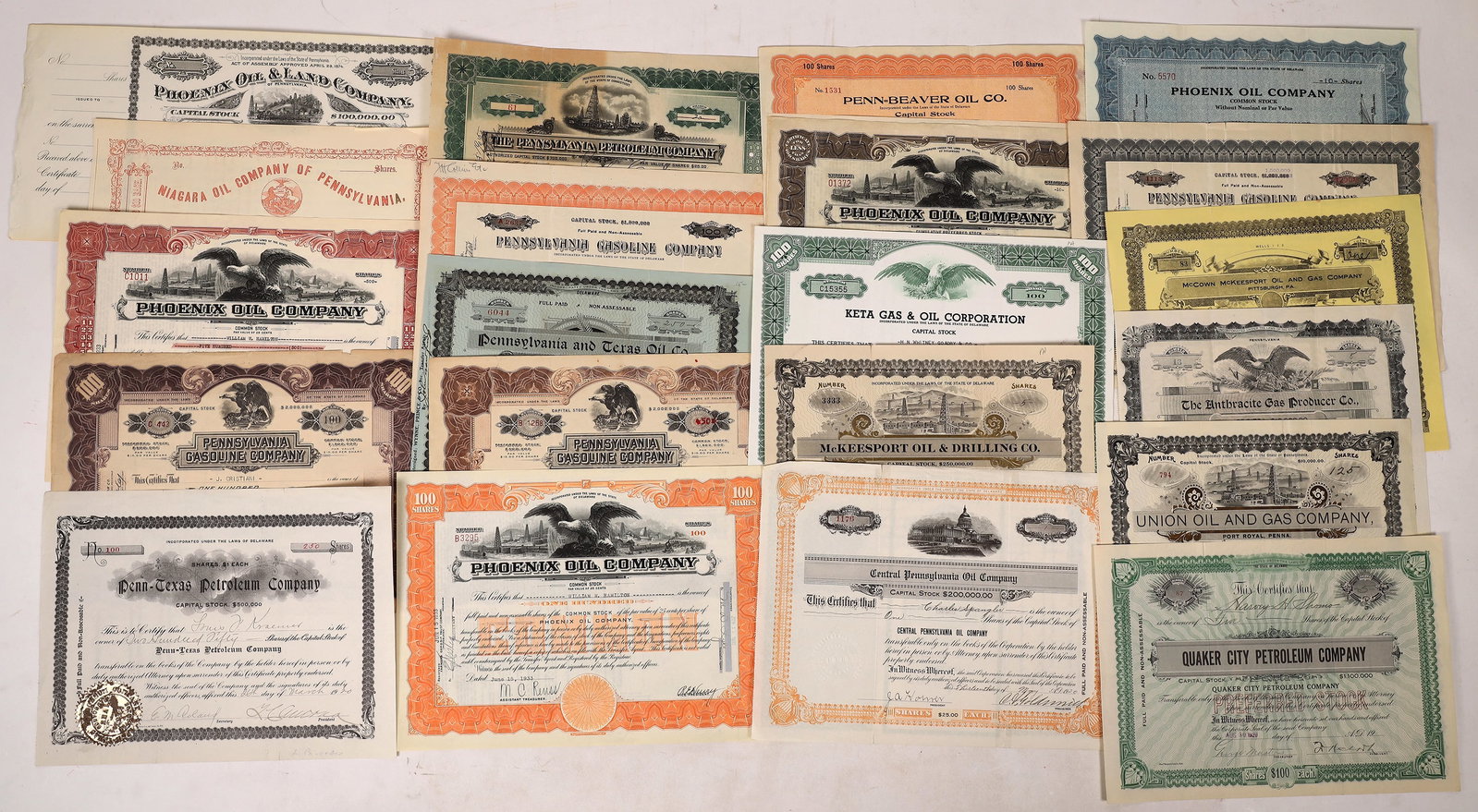 Oil - Pennsylvania Stock Collection 1800-1900s (22) [177283]: A lot of 22 different stock certificates related to oil companies incorporated in Pennsylvania, c1897-1955, with two unissued c186X and 187X. See photo(s) for more details. Ken Prag Collection