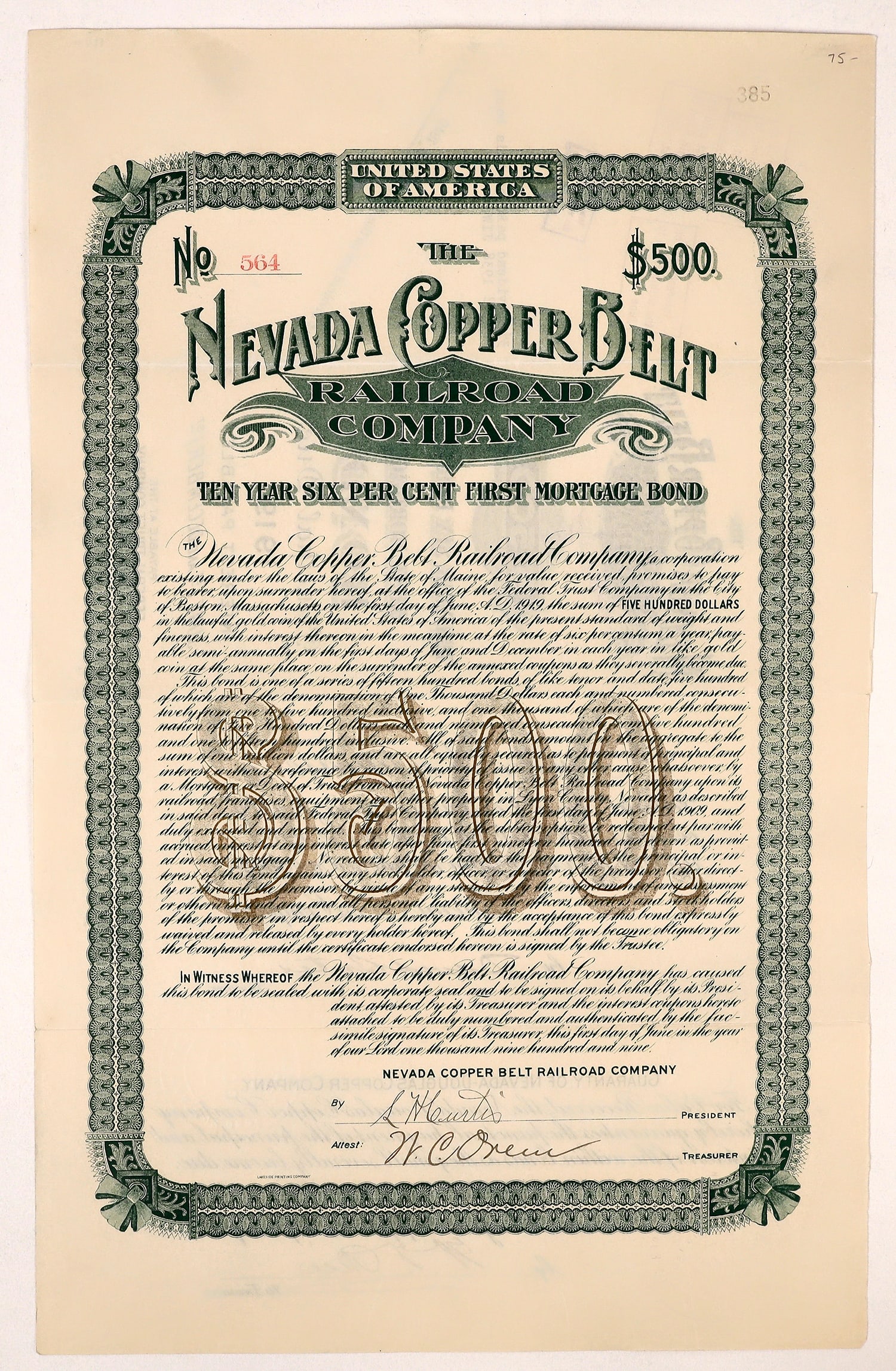 Nevada Copper Belt Railroad Bond Certificate, Mason Valley, 1909 [145726] (1 of 1)