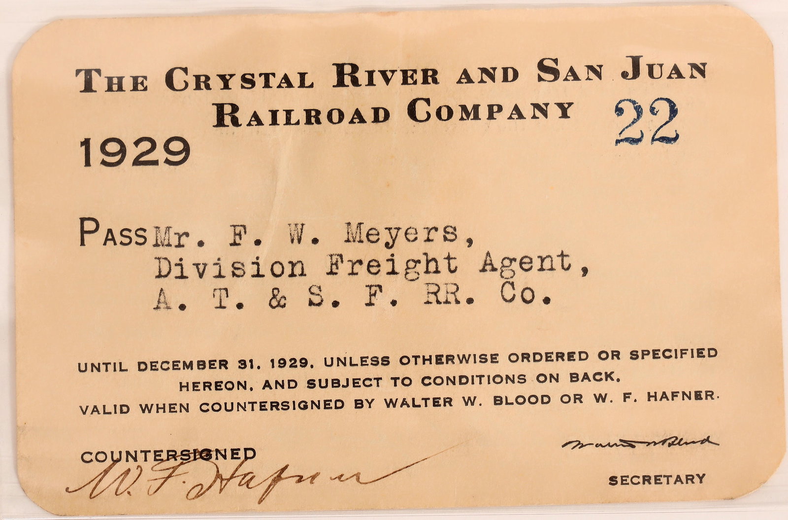 Crystal River & San Juan Railroad Co. pass, 1929  [172115] (1 of 2)