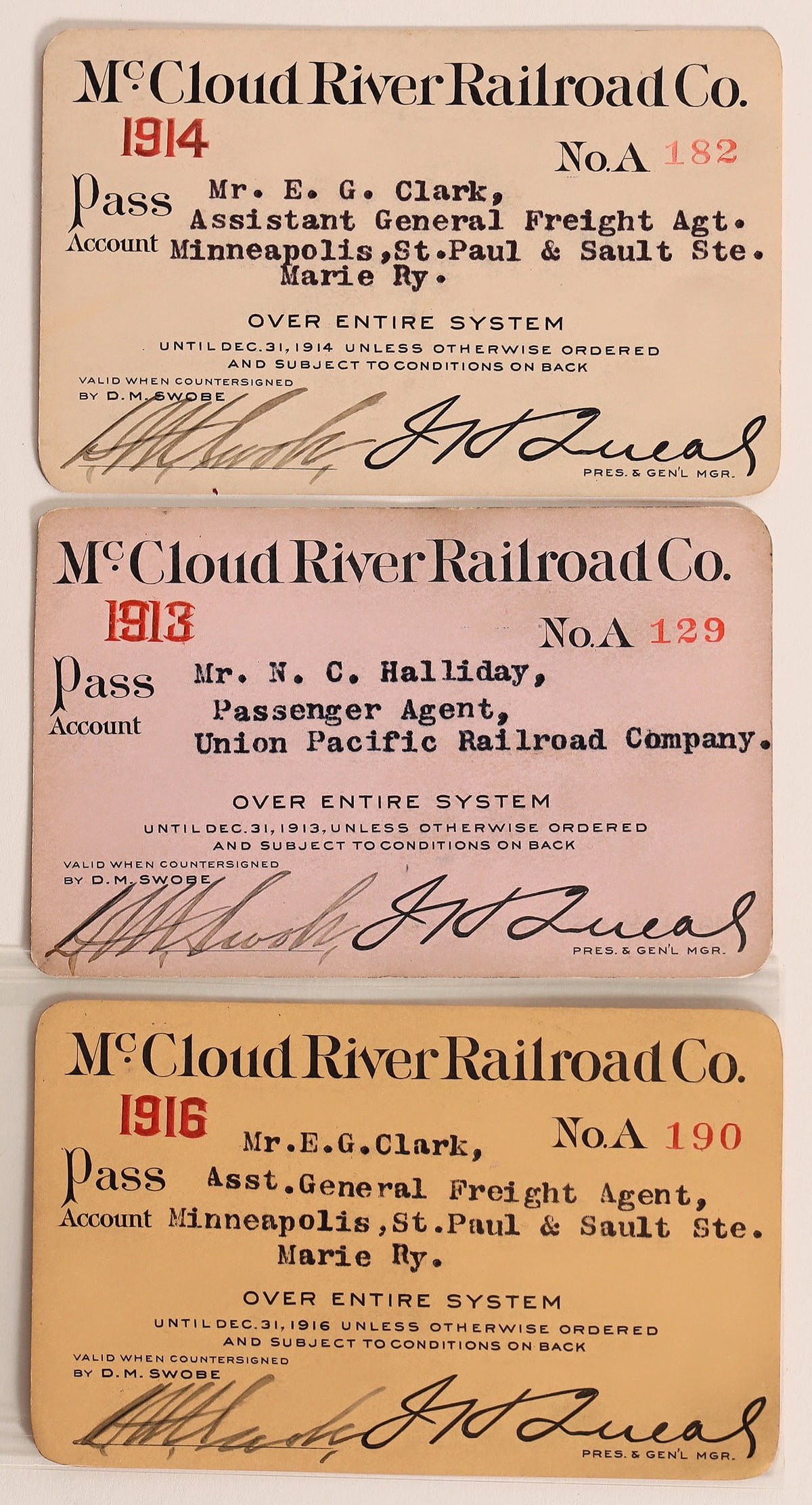 McCloud River Railroad Co. passes, 1913-16  [172129] (1 of 2)