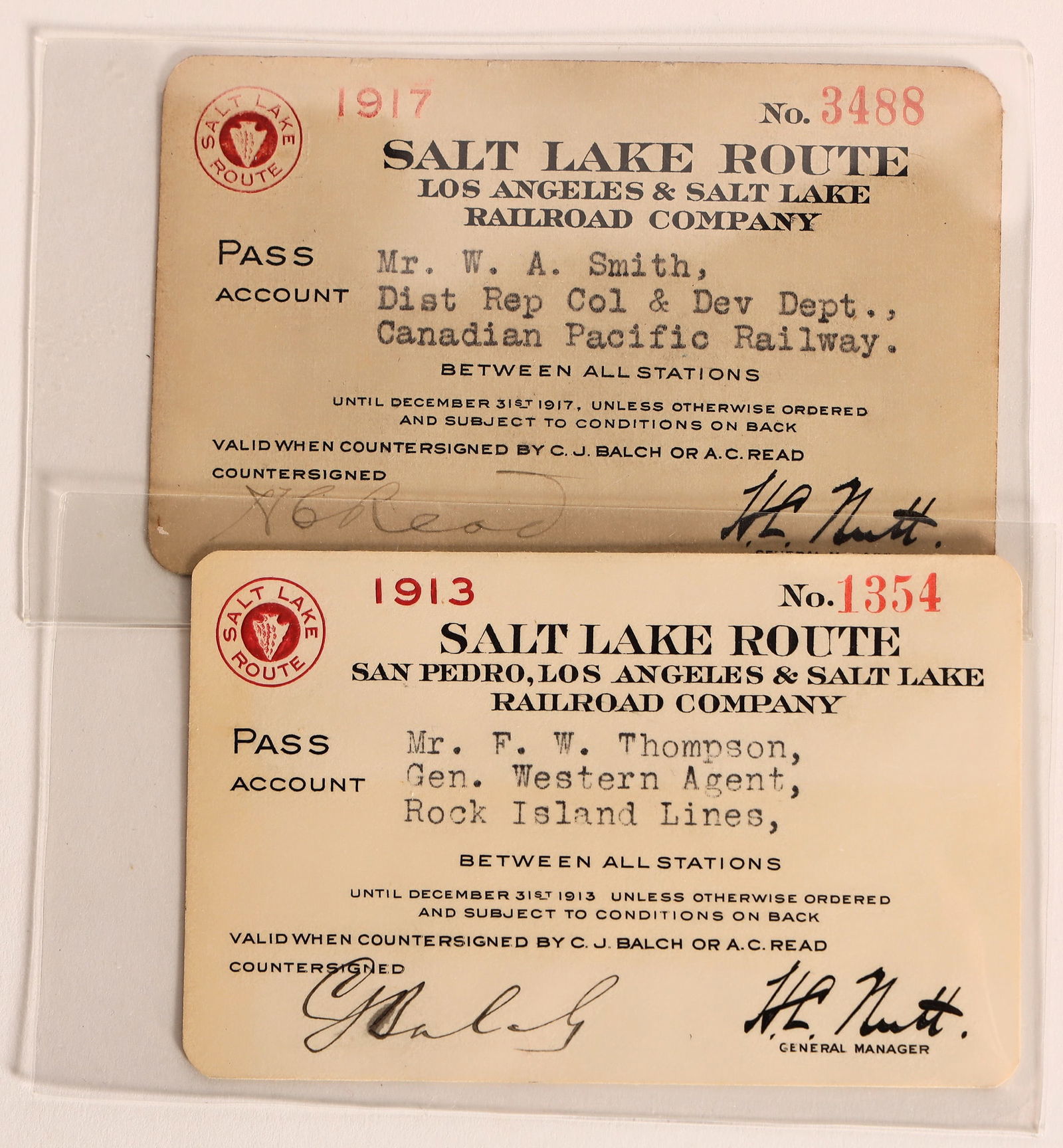 Salt Lake Route  RR Co. passes, 1913-17  [176592] (1 of 2)