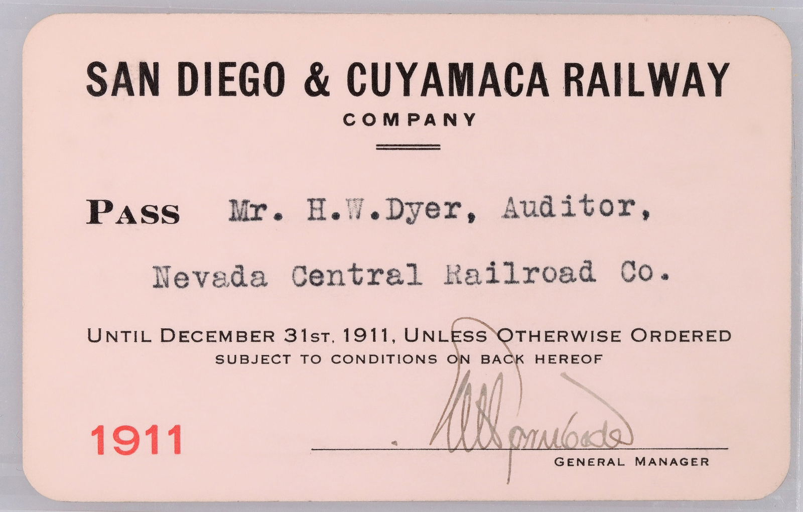 San Diego & Cuyamaca RY pass, 1911  [179615] (1 of 2)