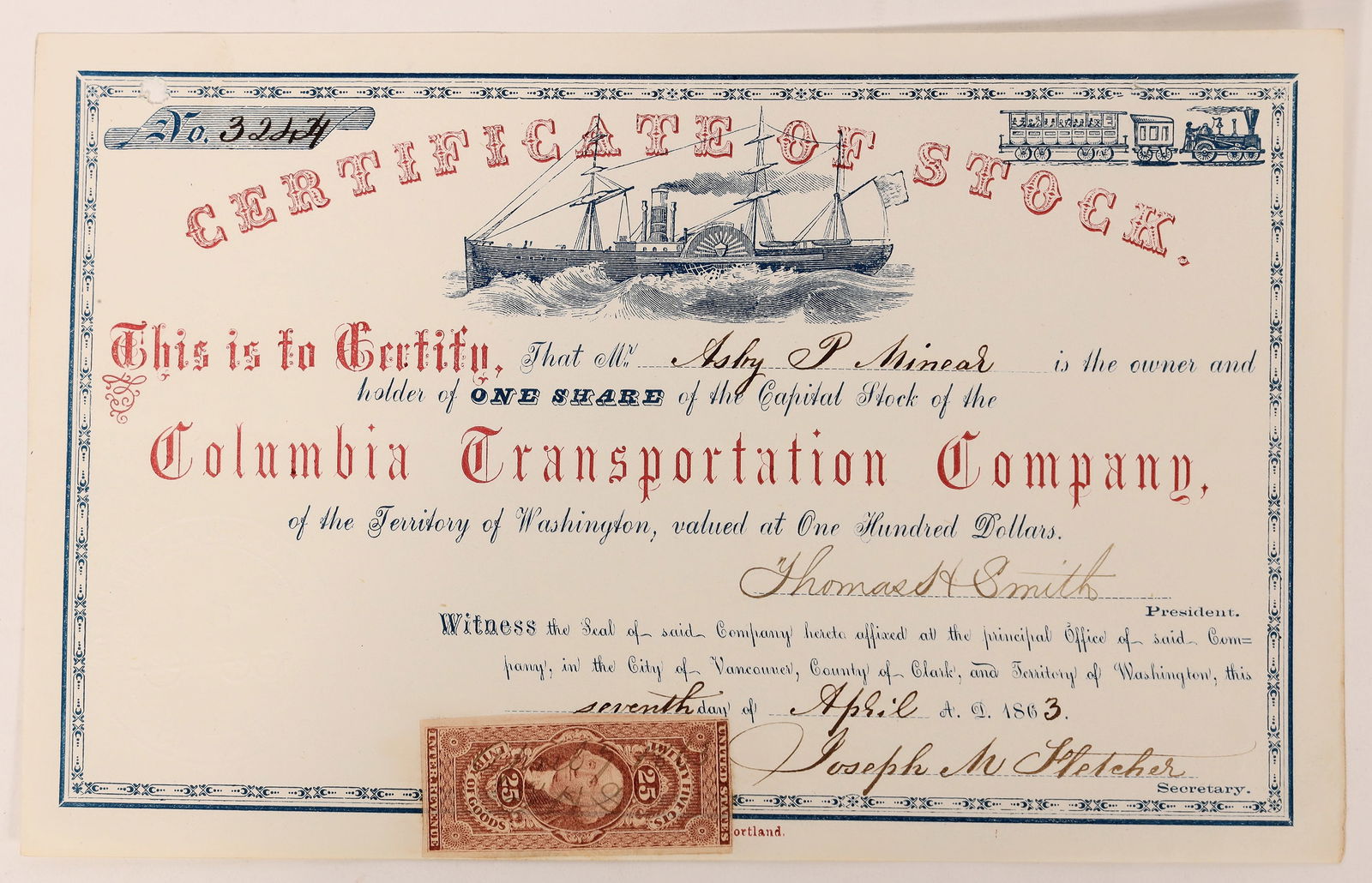 Columbia Transportation Co. Stock, 1863, Very Rare  [182133] (1 of 1)