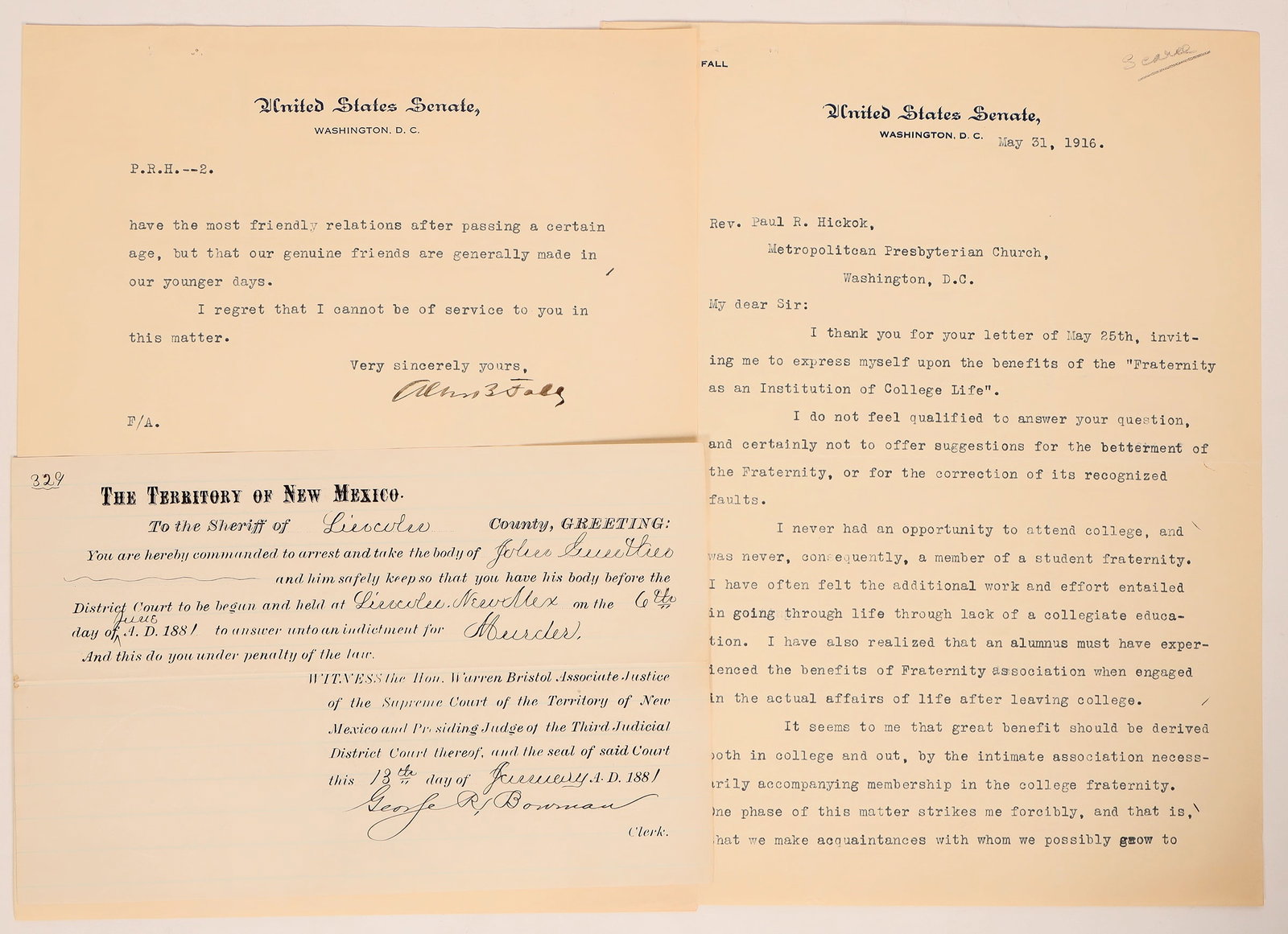 Outlaw John Wesley Hardin Documents [182488]: Two documents related to western outlaw later turned lawyer John Wesley Hardin. A. A.B. Fall document. Fall defended Selman for killing Hardin. He was a major criminal lawyer at the time. He also was