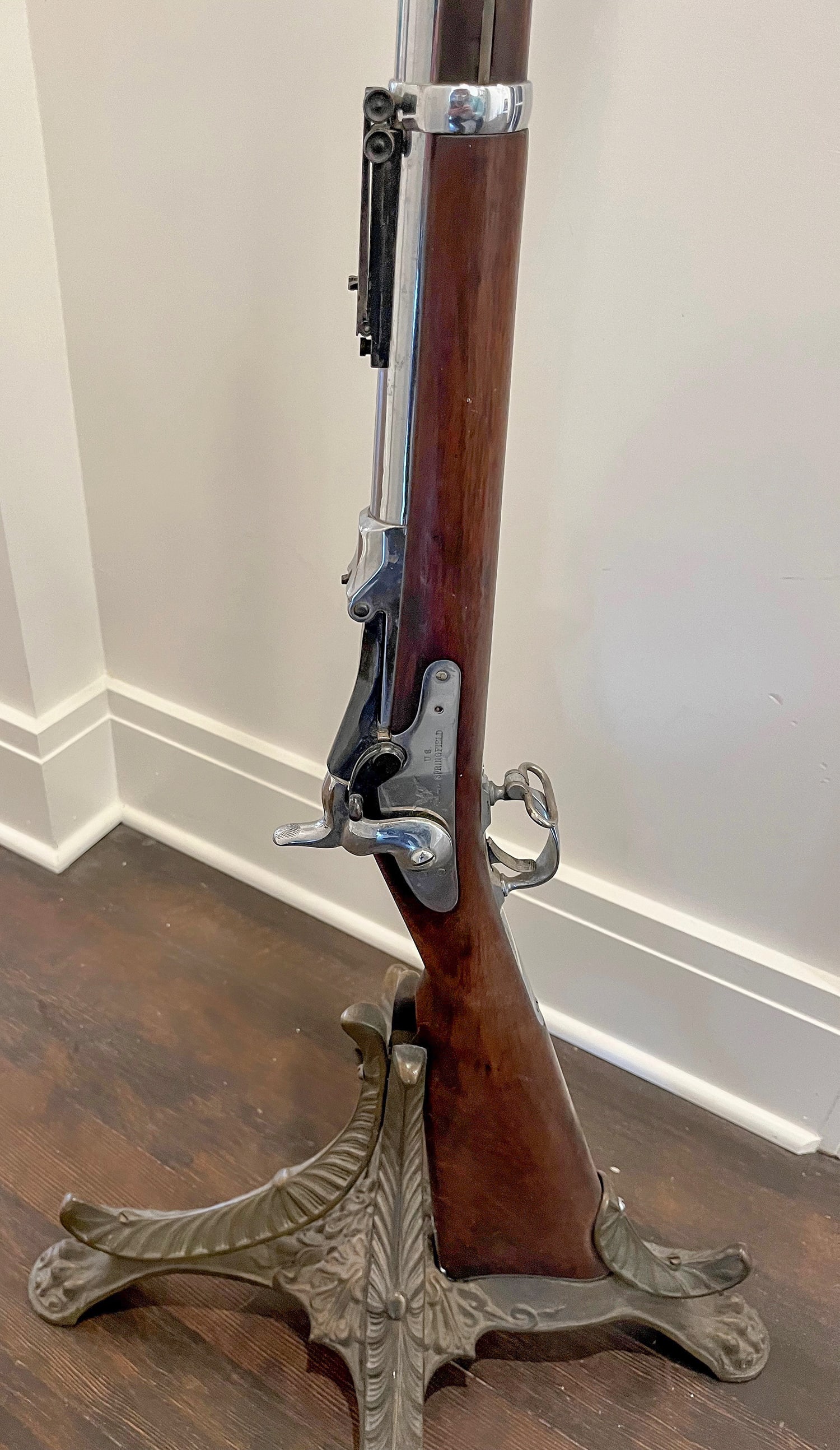 Springfield Trapdoor Musket Coat & Hat Rack [180273]: This model 1884 trapdoor Springfield is the real-deal. S/N 362968 with a birthdate of April, 1887. It has been chrome plated, oil finished, has a blued trapdoor, bayonet complete with scabbard, on a b