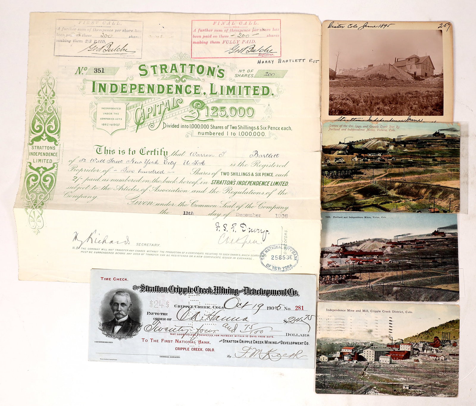 Stratton's Independence Limited, 1906-08, Lot (6x) [173312]: Stratton's Independence Mines Ephemera Lot of 6 items, all revolving around W.S. Stratton and his investments. Winfield Scott Stratton (1848- 1902) discovered the Independence Lode near Victor, Colora