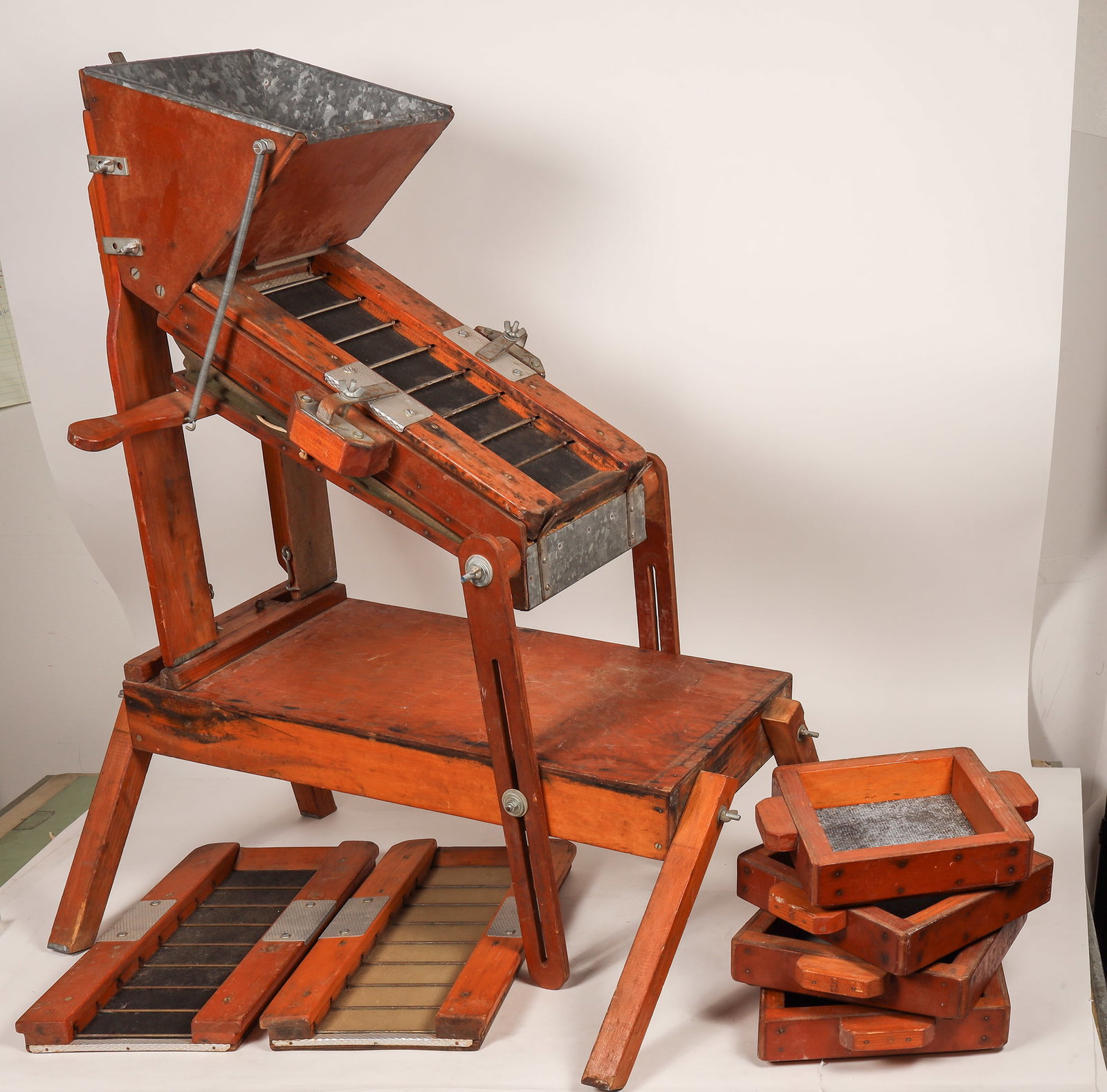 Gold Dry Washer [182839]: Wood & metal constructed gold dry washer with canvas bellows. this device was used by prospectors who didn't have a nearby water source. It was also used for sifting through tailings. Washer measures