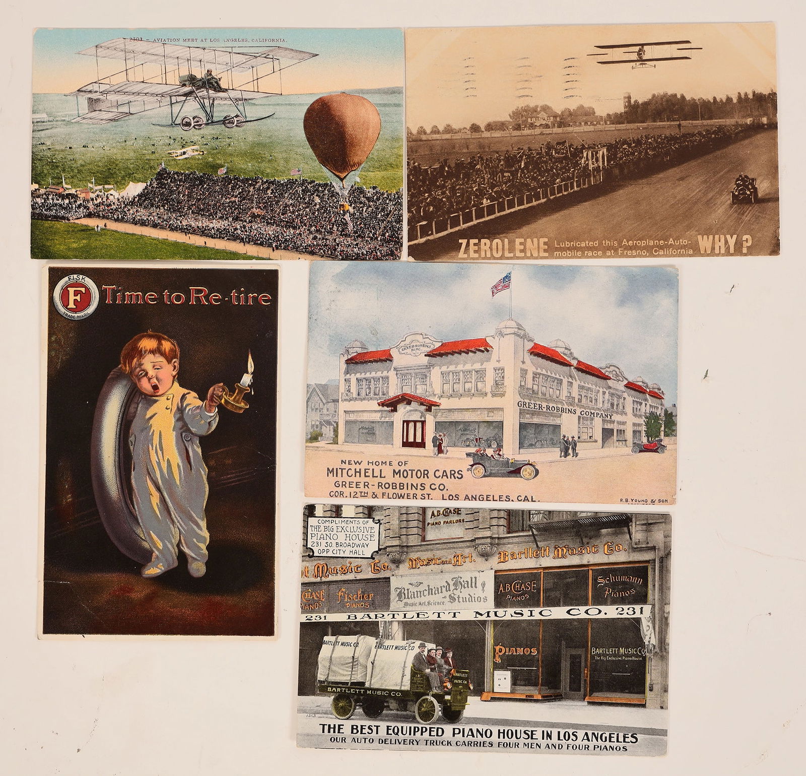 Litho Ad Postcards [185601]: Advertising postcards (5), including a retail store and piano moving company in Los Angeles, a tire ad and one that features early aviation. Some are used, some are blank. Nice addition to postcard co