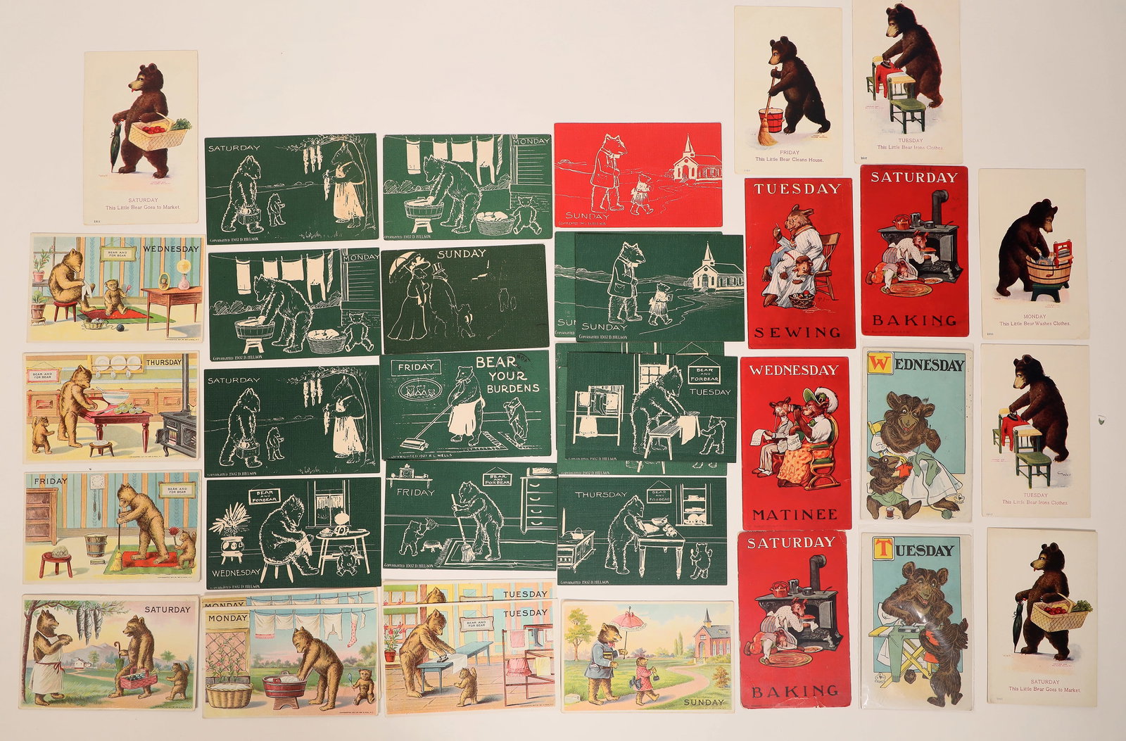 Week Day Bear Postcards 1907-11 (35) [185083]: A collection of 35 postcards featuring days of the week and bears, with postmarks from 1907-11. Includes: 14 copyright 1907, by D. Hillson; 4 copyright 1907, by V. O. H. P.; 2 copyright D. P. Crane; 6