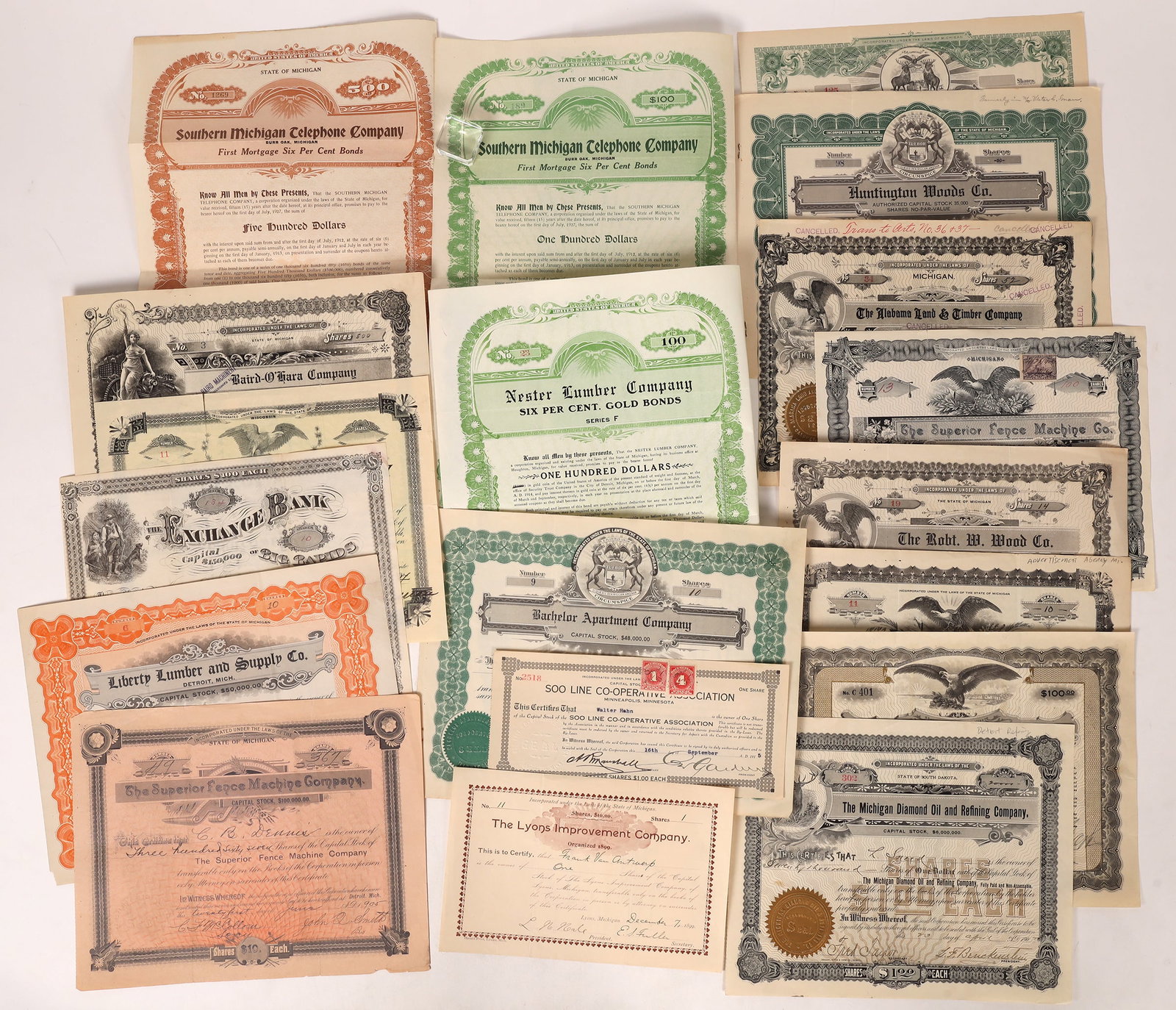 Michigan Non Mining Stocks & Bonds, 18 [177473]: Stocks, c. 1875-1937. Banking, Apartments, land, lumer, oil and other businesses. Bonds 1930 Phoenix Club, 1910 Nester Lumber, 1912 and 1917 Southern Michigan Telephone. [Minnesota] [Ken Prag Collecti