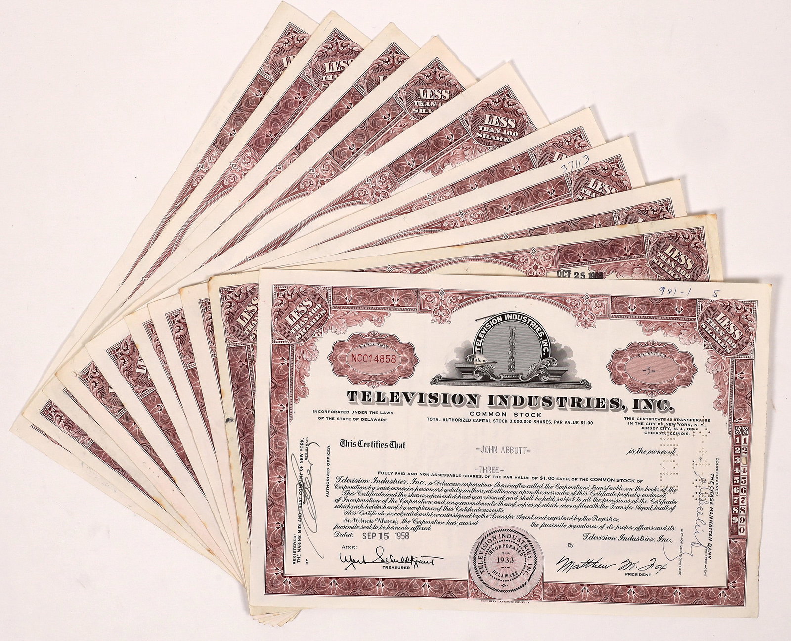 TV - Television Industries, Inc. Stocks (10) [176787]: Group of 10 the same stock certificates from Television Industries, Inc., c1958-64. Please see photo(s) for more details. [Ken Prag Collection]