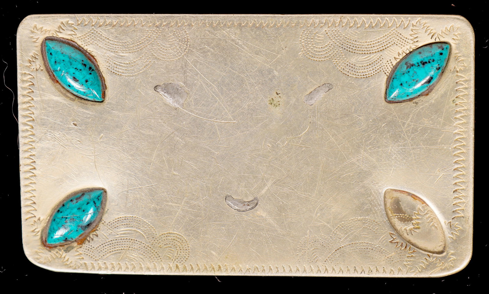 Belt Buckle with Turquoise [177875]: Nickel silver rectangular belt buckle, about 2x3.25" with 3 of 4 very fine deep blue turquoise stones, around 5/8" each.