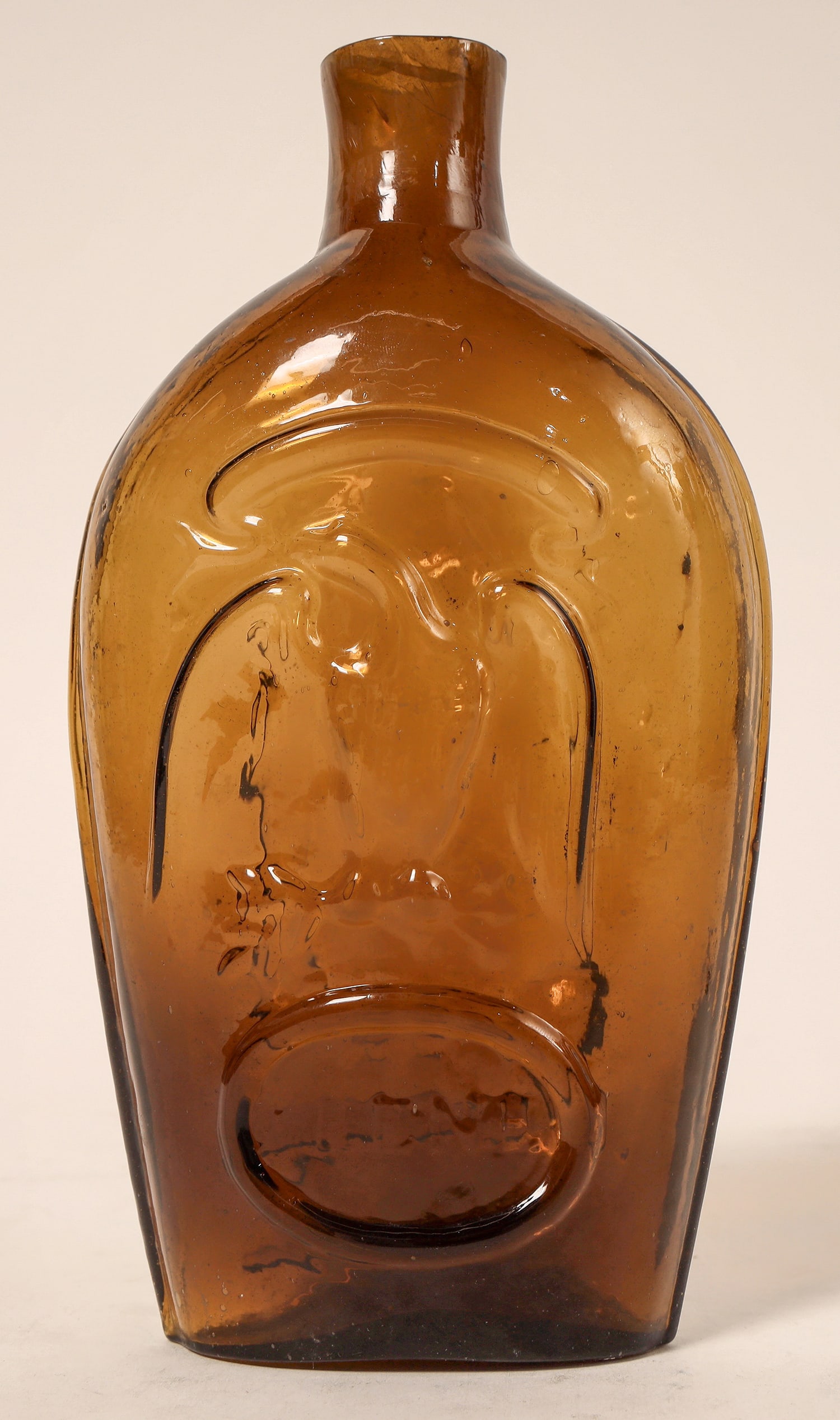 Hist. Flask-Keene Glass Eagle [184932]: Medium olive green GIV-17 Keene Glass open pontil historic falsk. 7.5". No apparent chips or cracks. [] [] [] [] []