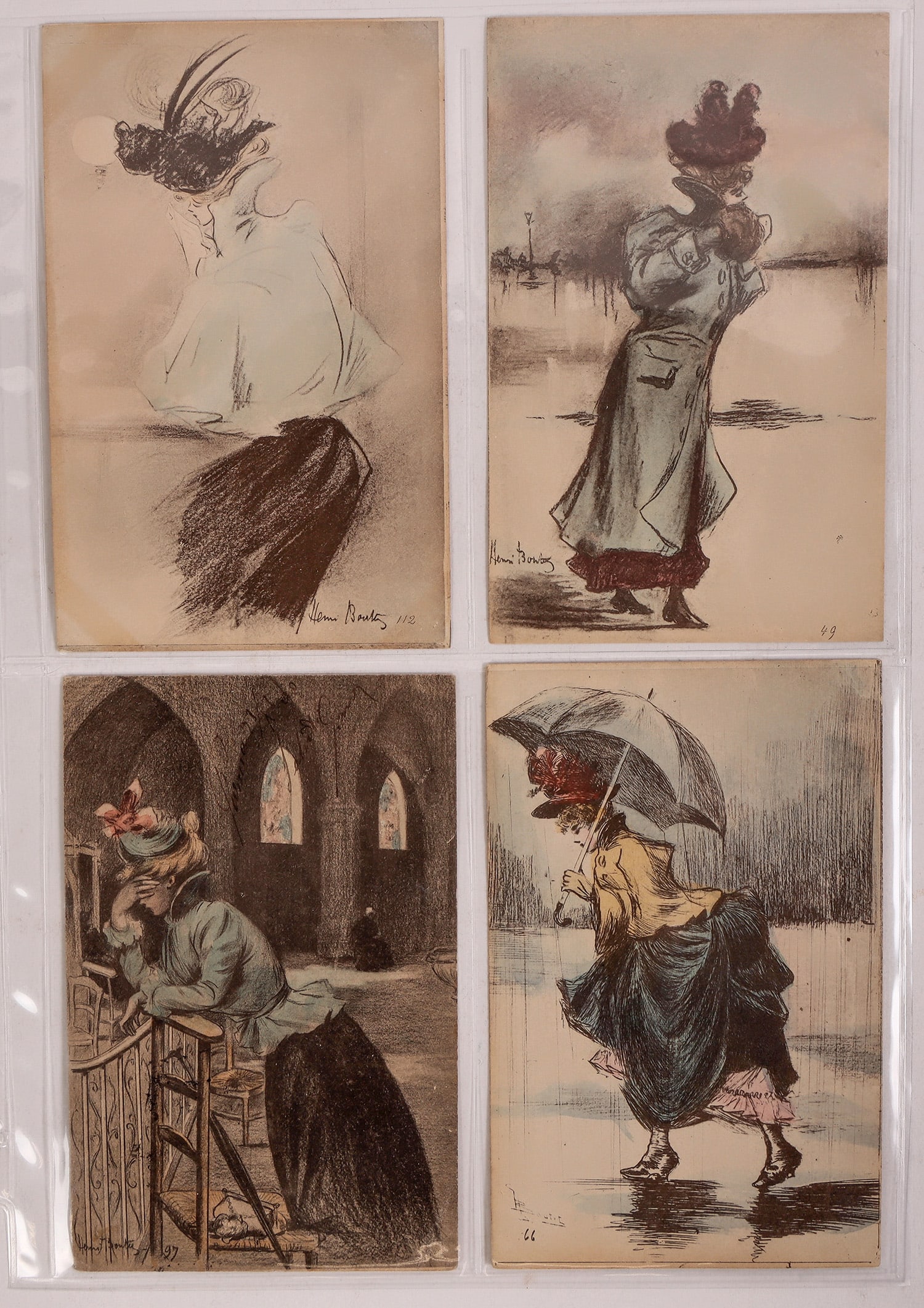Art Nouveau - Boutet Postcards 1920s (4) [186493]: A set of 4 Art Nouveau postcards from a series by Henri Boutet, c1920s. Signed. Boutet (1851Ò1919) was a French illustrator and engraver. Numbered: 27, 49, 66 & 112. No publisher indicated. Unused ex