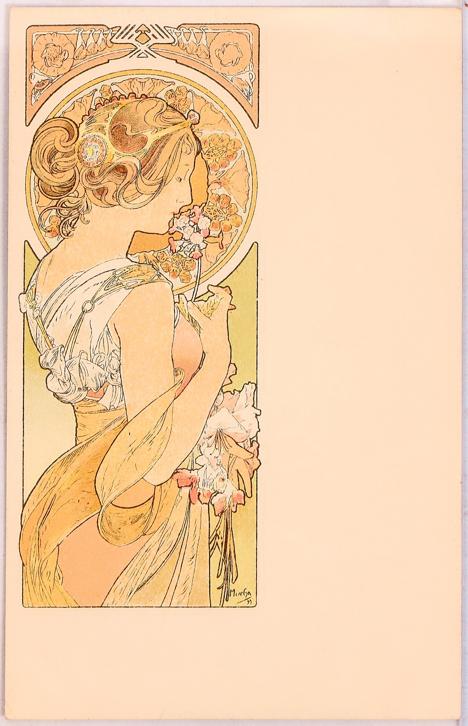 Art Nouveau - Mucha-22, Postcard 1900 [186007]: This is a postcard designed by Alphonse Mucha, c1900. No. 451. Primrose (Primevere). R-4. Lady with flower in her hand faces right. A circular panel is in the background. Unused. Clean.This is one of