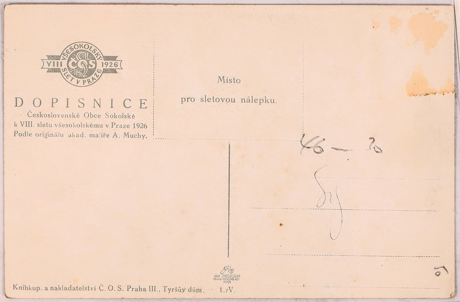 Art Nouveau - Mucha-34, Postcard 1926 [186019]: A postcard featuring one of the designs of Alphonse Mucha, circa 1926, Prague. The front illustration is a dramatic rendering of what appears to be three men in various poses and attire, within an arc