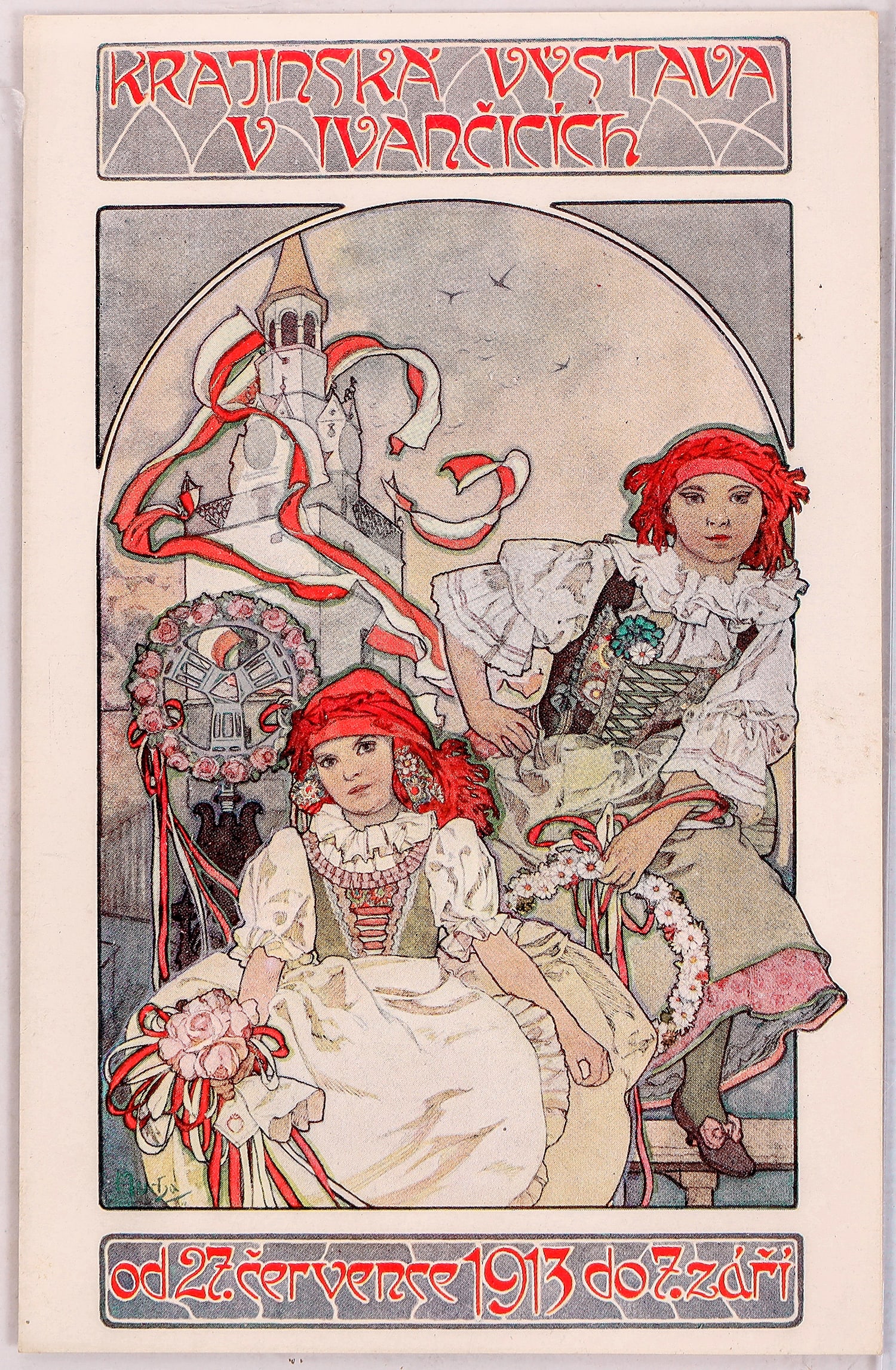 Art Nouveau - Mucha-36, Postcard 1913 [186021]: A postcard featuring one of the designs of Alphonse Mucha, circa 1913, Czech Republic (then Austria-Hungary). The front illustration is of two young women in festive European attire, holding floral ar