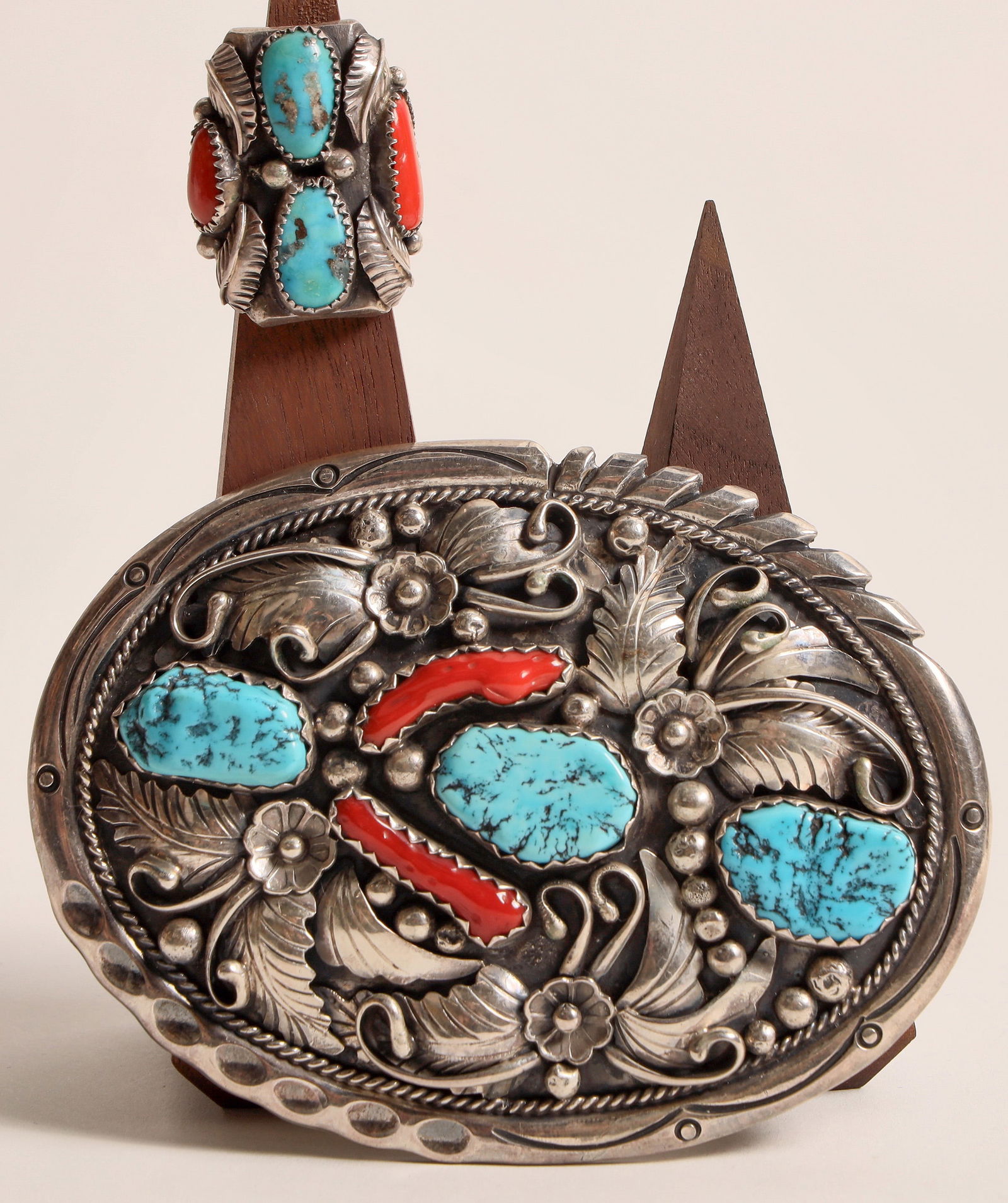 Turquoise and Red Coral Matching Men's Belt Buckle and Ring [186518] (1 of 8)