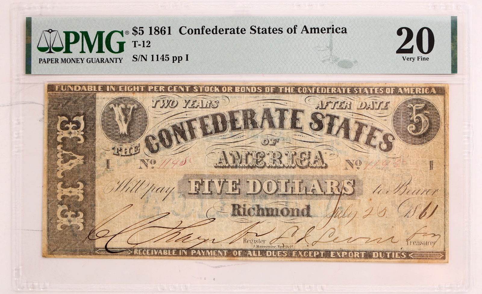 CSA T-12 $5 Dated July 25th 1861 Cr. (46-49?) R-? [184398] (1 of 2)