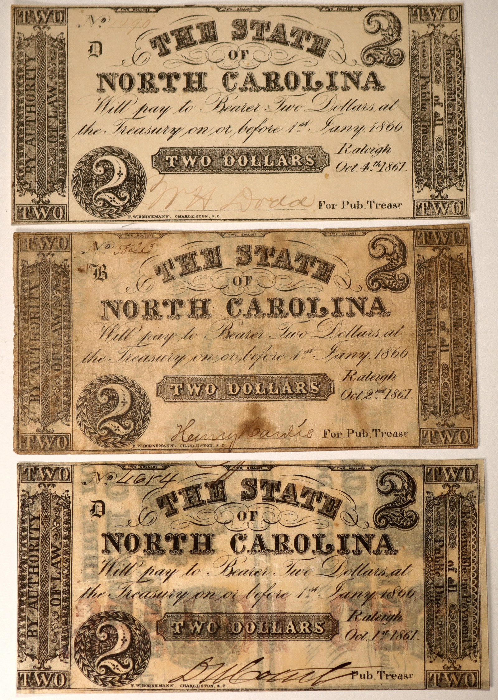 North Carolina $2 Confederate Currency 3 Different Issue Dates, 1861 [185264] (1 of 2)