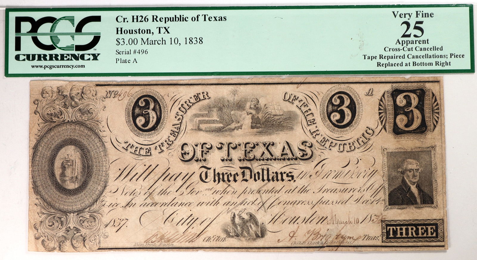 Republic of Texas, Criswell H26, $3 Obsolete Banknote [184703] (1 of 1)