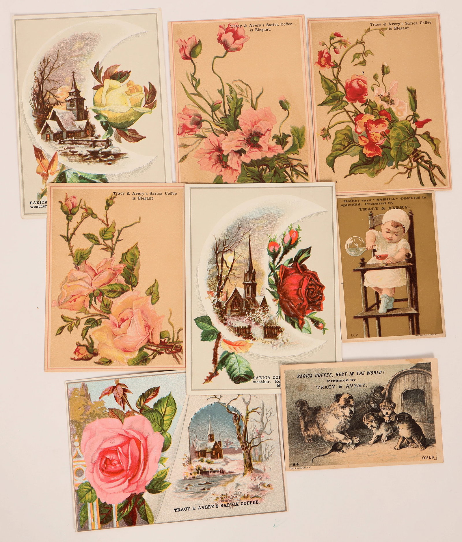 Trade Cards: Sarica Coffee [180712]: Lot of eight trade cards: Tracy & Avery's Sarica Coffee is Elegant.