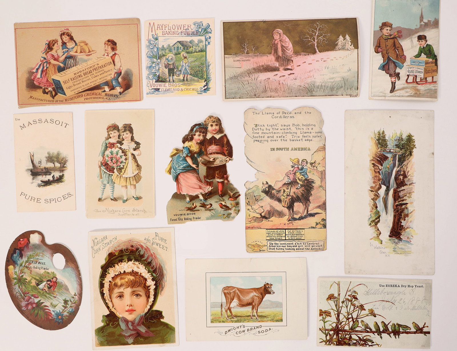 Trade Cards - Baking Powders 1880s-90s (13) [187277]: A collection of 13 trade cards advertising baking powder, baking soda, starch, yeast & spices, c1880s-90s. Includes: Gilbert S. Graves Family Gloss Starch, Buffalo, NY; Horsford's Self-Raising Bread P