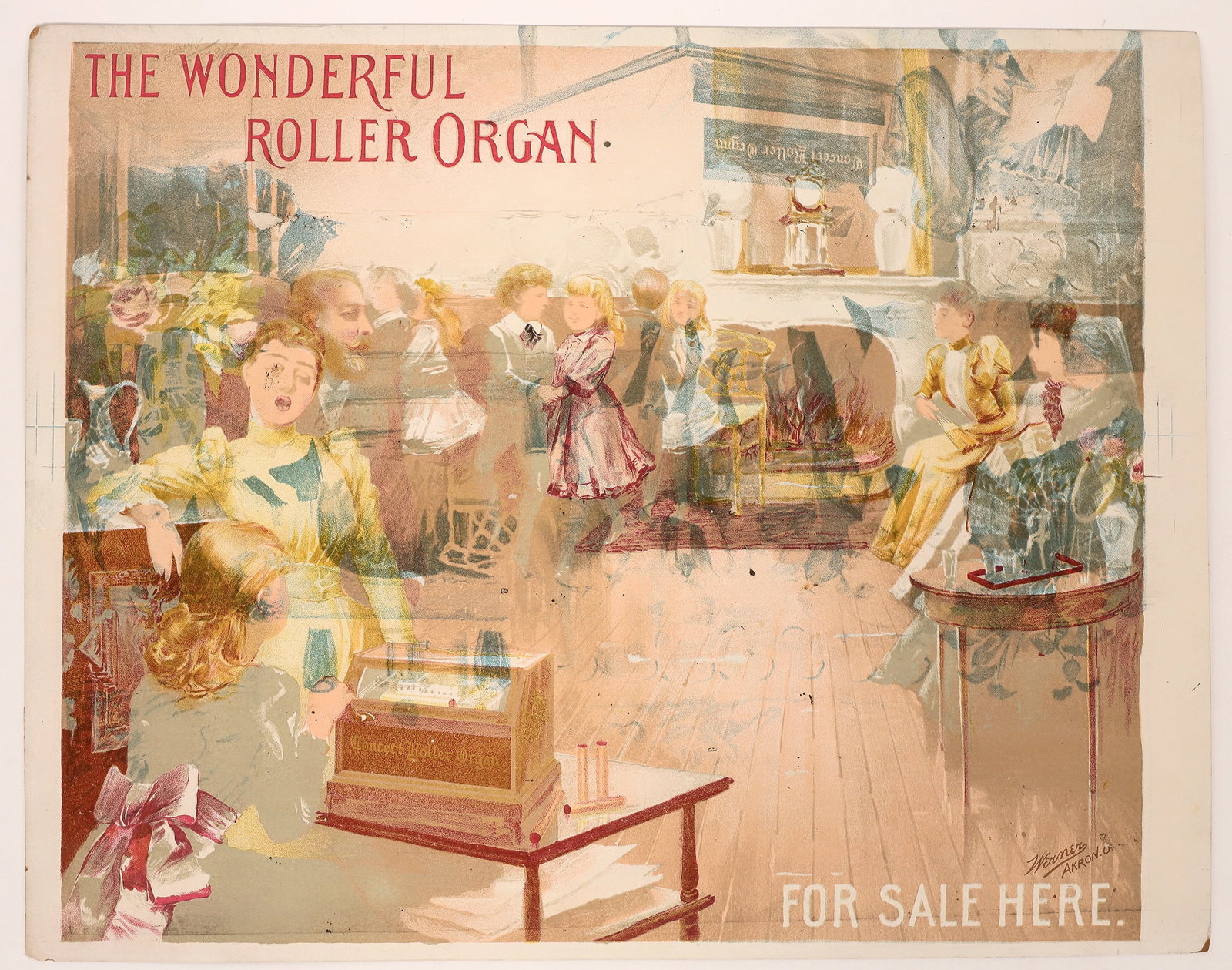 Misprinted Advertising Card [180720]: This is an advertising card that was accidently turned upside down during the printing process turning it into a rather ghostly & psychedelic advertisement for a roller organ. VERY strange. It measure