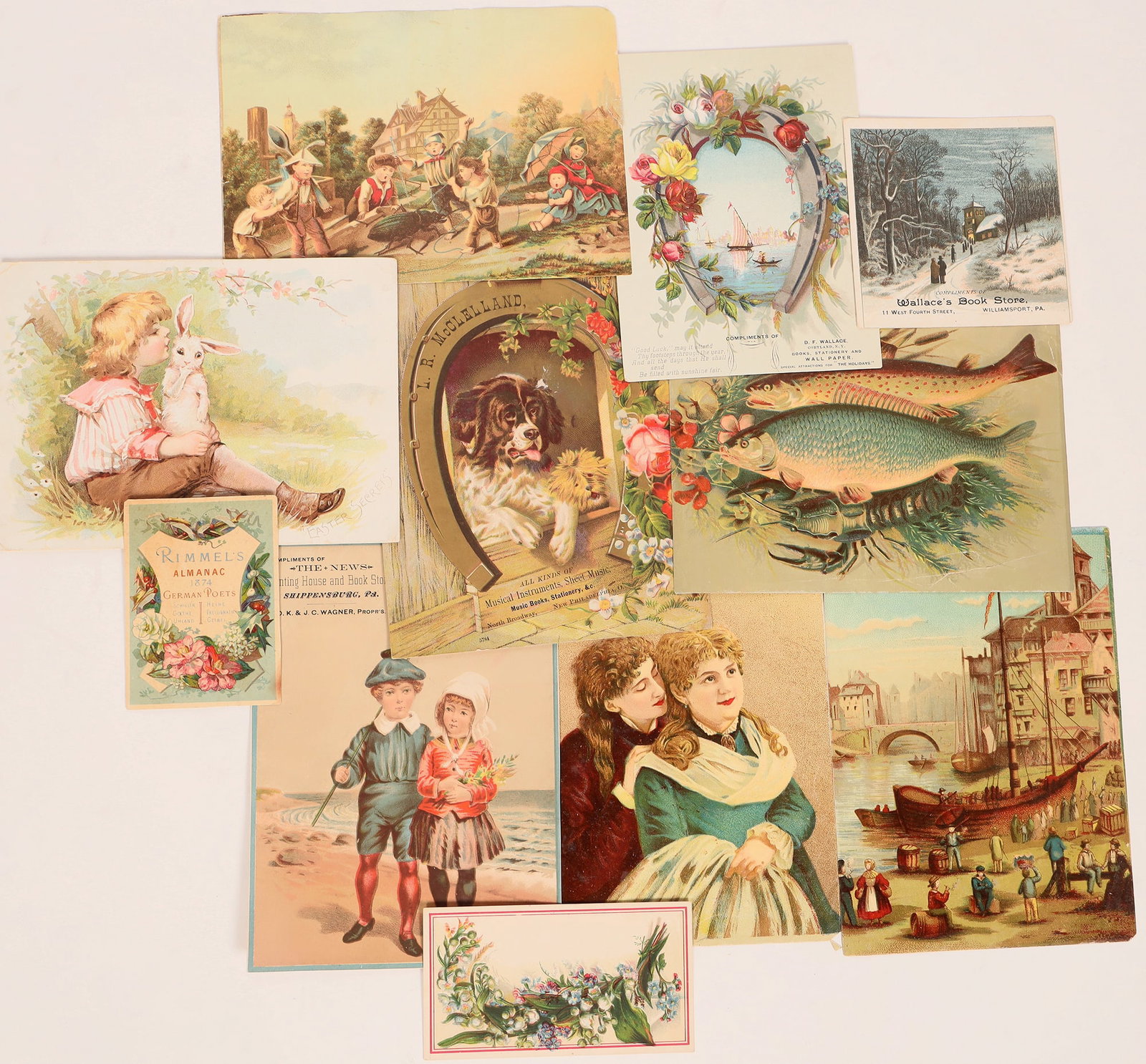 Trade Cards: Book Sellers (11) [180713]: Lot of eleven colorful vintage trade cards advertising book sellers. L. R. McClelland, Philadelphia; The News, Shippensburg, PA; D. F. Wallace, Cortland, N. Y. & many others.