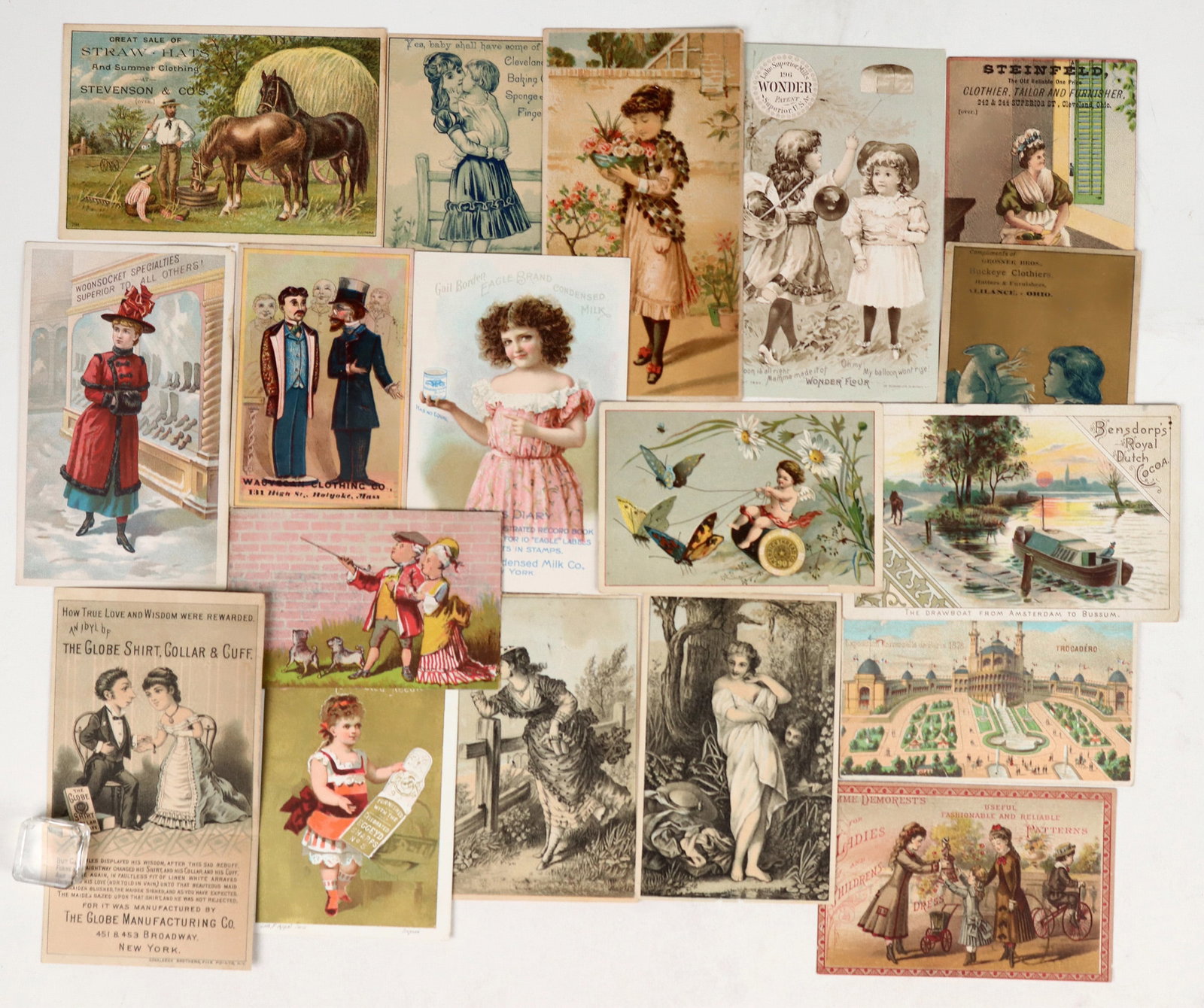 Clothing Tradecards 18 [186874]: 18 clothing tradecards, Buckeye Clothiers, Globe Shirt, Steinfeld, Cleveland, cocoa, Songe Jelly, Woonsocket Specialties etc.