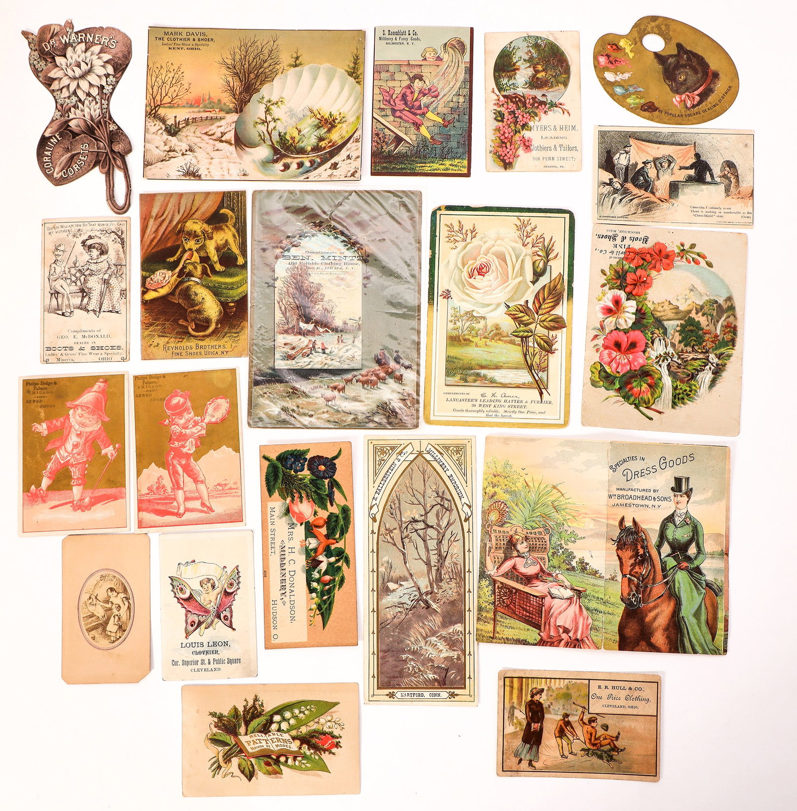 Trade Cards - Clothing Shoes 1880s-90s (20) [187213]: A collection of 20 trade cards related to clothing & shoe stores & manufacturers, c1880s-90s. Chromo-liths & die cuts of various shapes & sizes. Stores include: Levi Loeb, Bellevue, OH; Myers & Heim, 