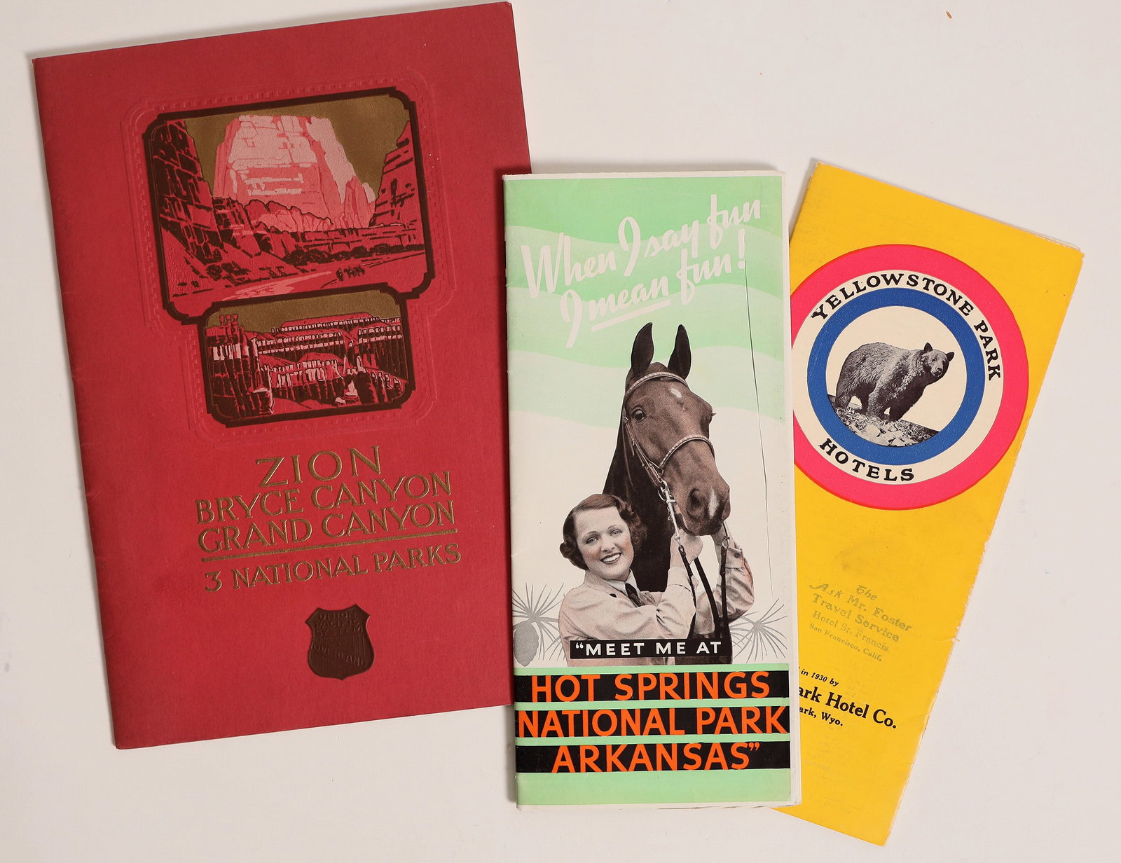 U. S. National Park Early Tourist Guide Trio [184160]: 3 early U S National Parks tourist guides. Undated Hot Springs National Park, Arkansas. 1930 Yellowstone Park hotels, 19pp with lots of illustrations. 1935 Zion, Bryce Canyon, Grand Canyon/3 National 