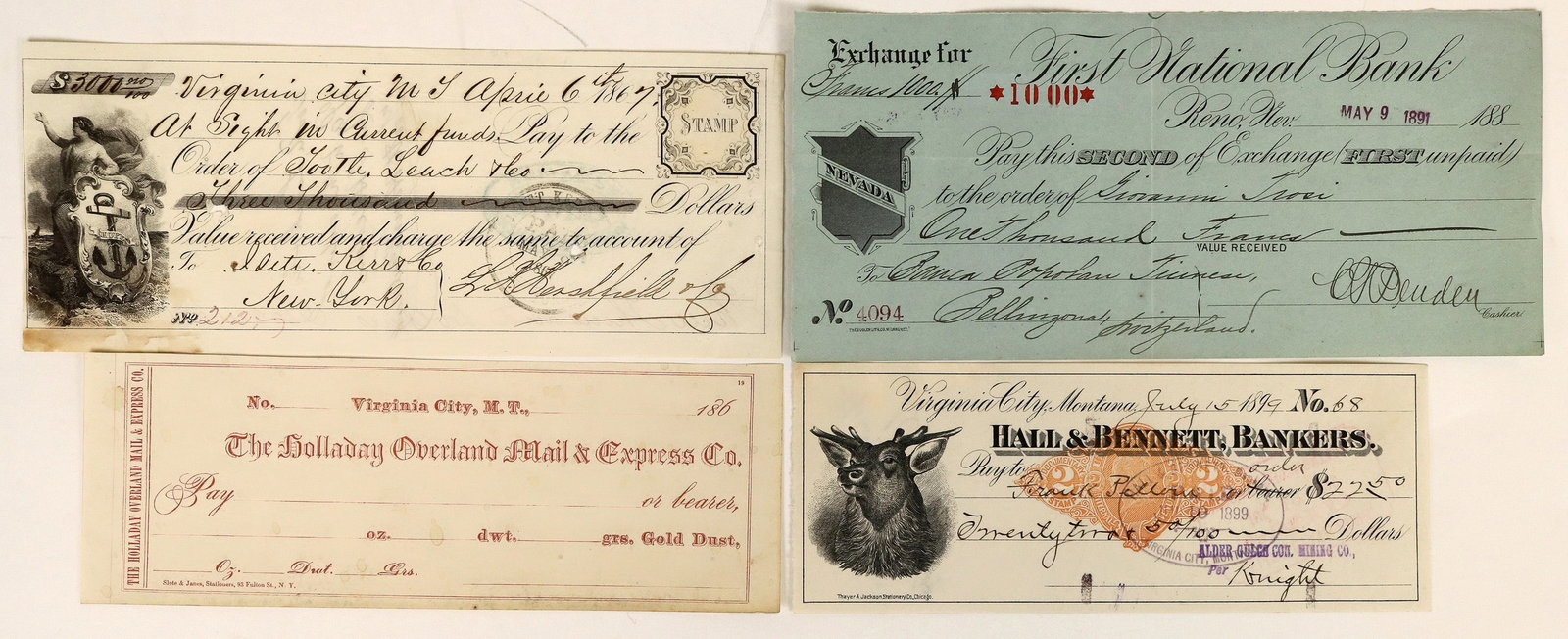 Western Checks 4 Rare [183818]: Unissued Virginia City, M T Holladay Overland Mail & Express, First National Bank of Reno, 1891 second of exchange, 1899 Hall & Bennett Bankers, Virginia City, MT, 1867 Virginia City, M T, at sight in