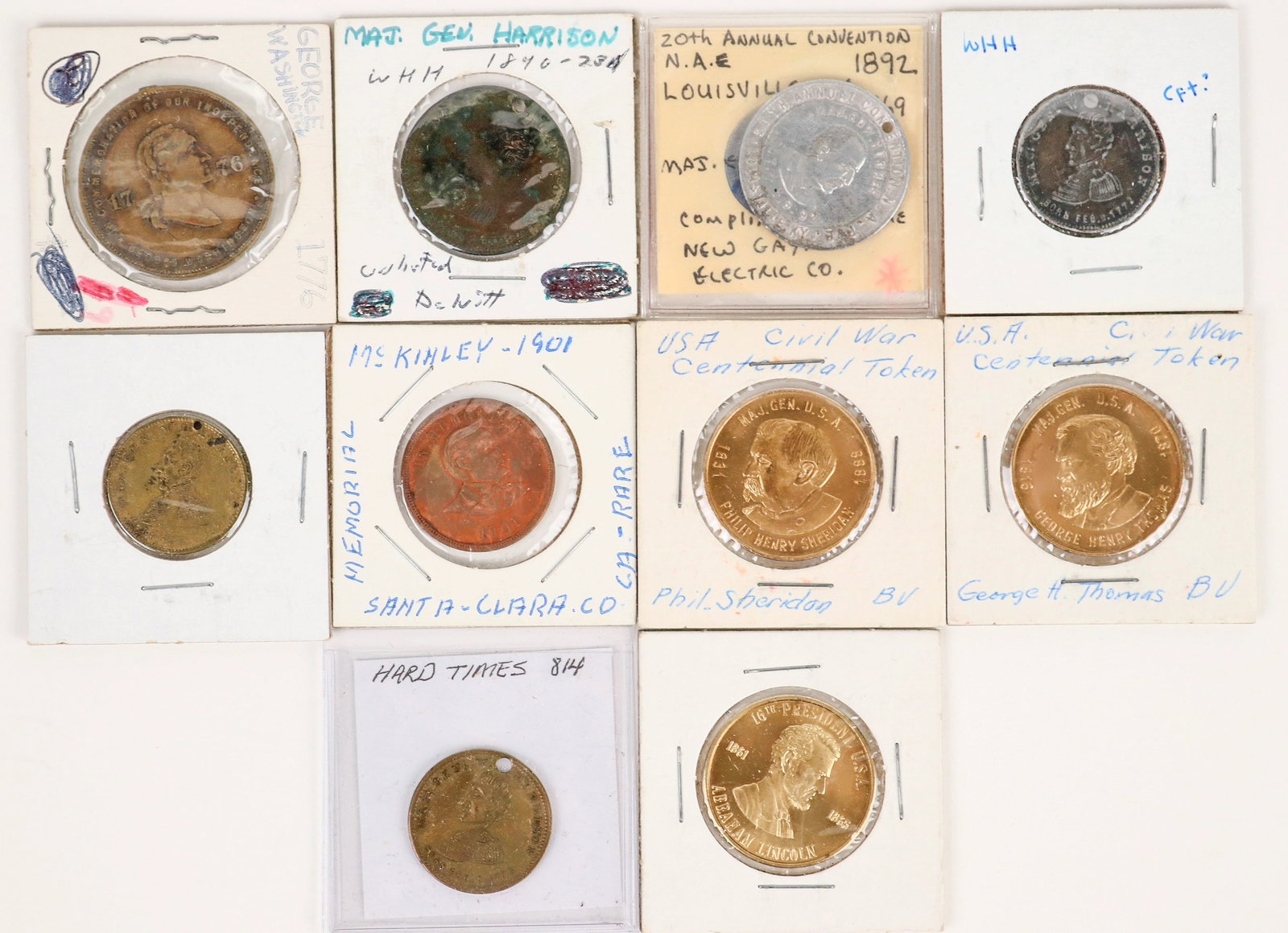 Medals of Generals & Presidents (10) [188611]: Ten medals: 1892 Major Edward Hughes, Louisville; Maj. Gen. George Henry Thomas; Abraham Lincoln; Maj. Gen. Phil Sheridan; Wm. McKinley; Maj. Gen. Wm. H. Harrison (4); George Washington.[