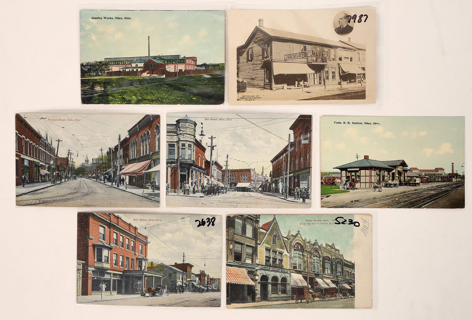 Trumbull Co.; Niles Street Scenes Postcards 7 [187888]: 7 Niles street scenes. Main St., PRR depot, Mill St., McKinley birthplace RPC, Furnace St., Stanley Works, bank.[ Trumbull county Ohio