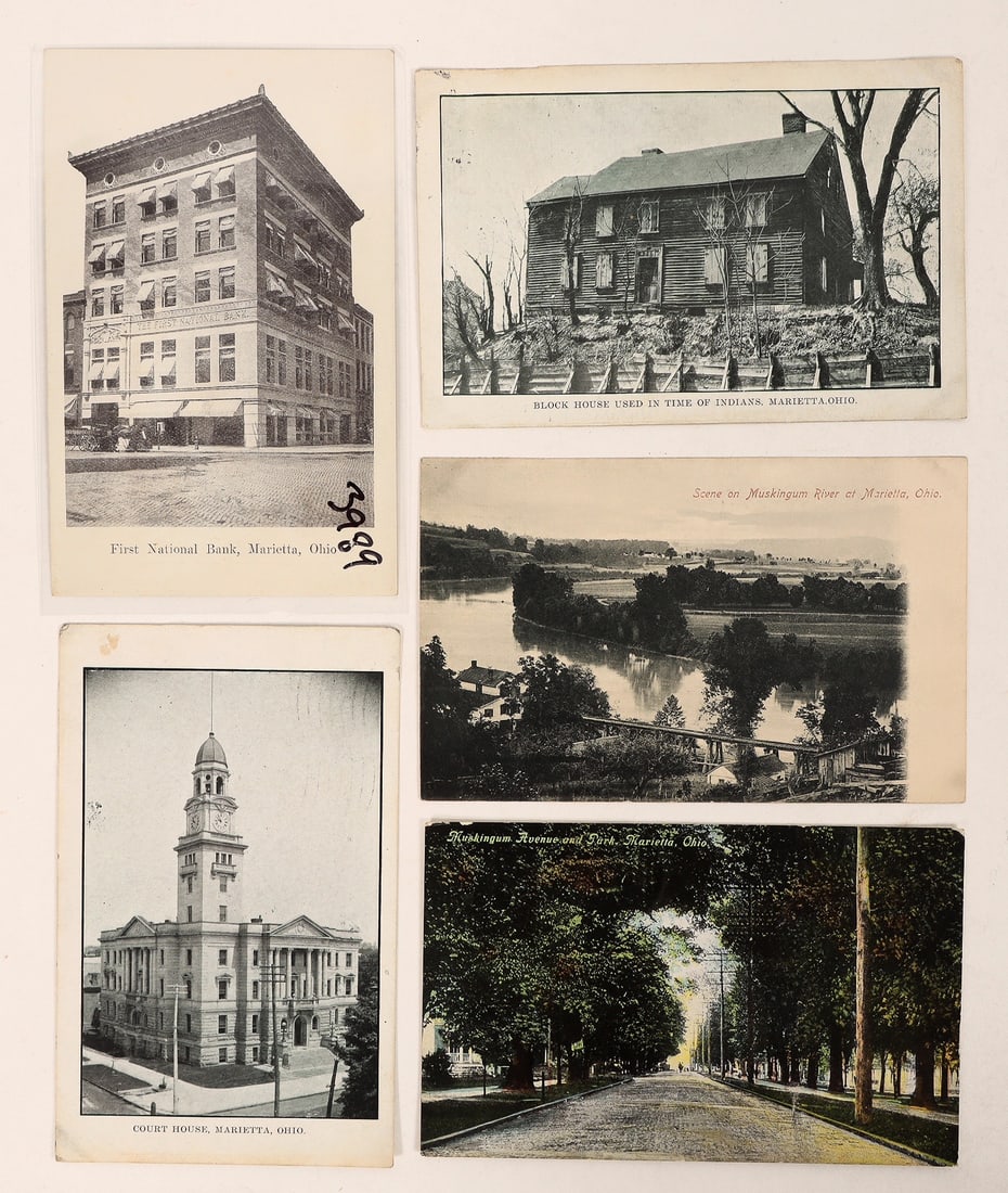 Washington Co.; Marietta; Buildings Postcards 5 [188307]: 1 RPC-First National Bank. Also, court house, Muskingum Ave., Muskingum River, block house.[ Washington county Ohio